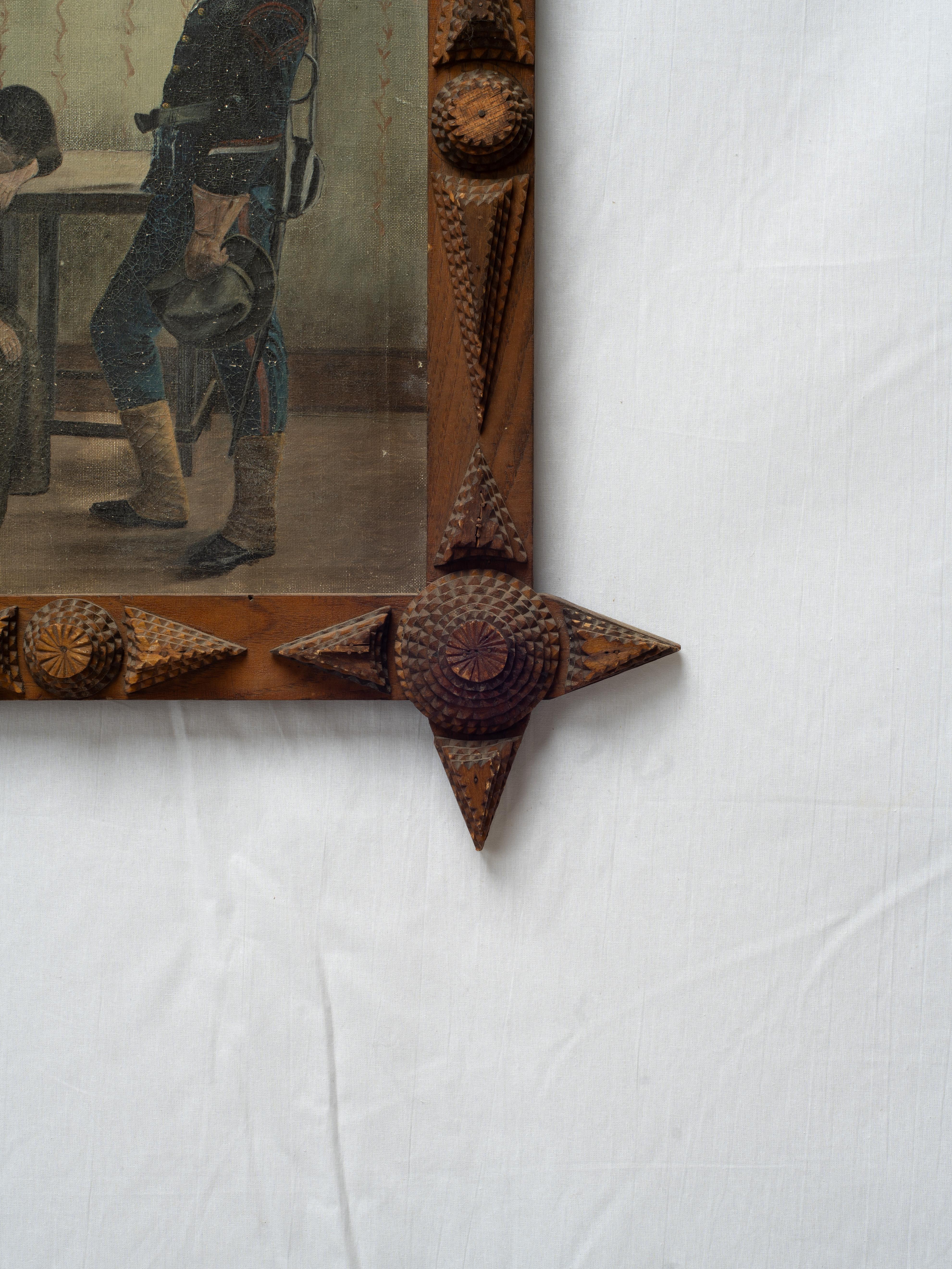 Early American Late 19th Early 20th Century Folk Art Painting in Tramp Art Frame im Angebot 3