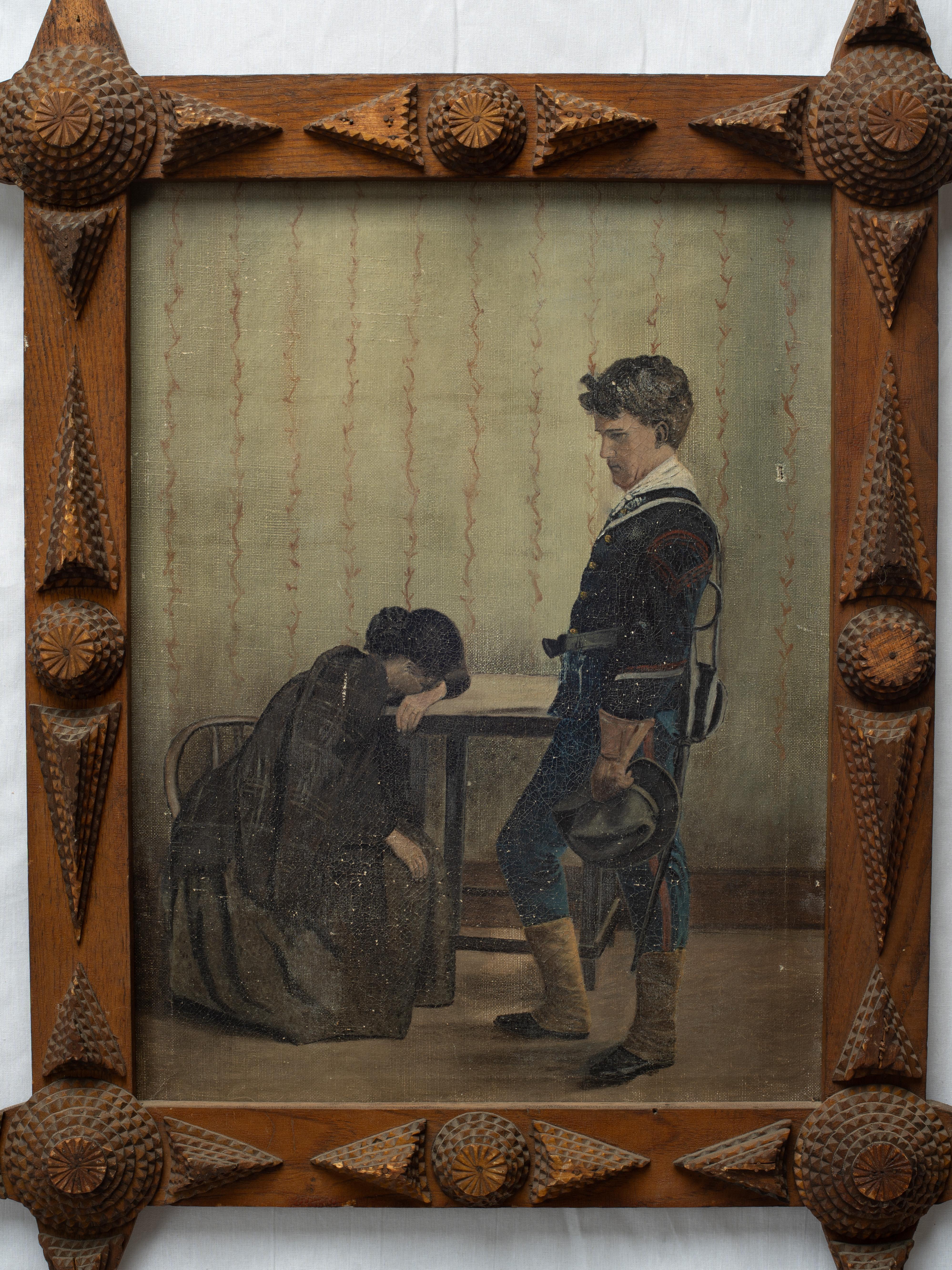 Early American Late 19th Early 20th Century Folk Art Painting in Tramp Art Frame (Volkskunst) im Angebot