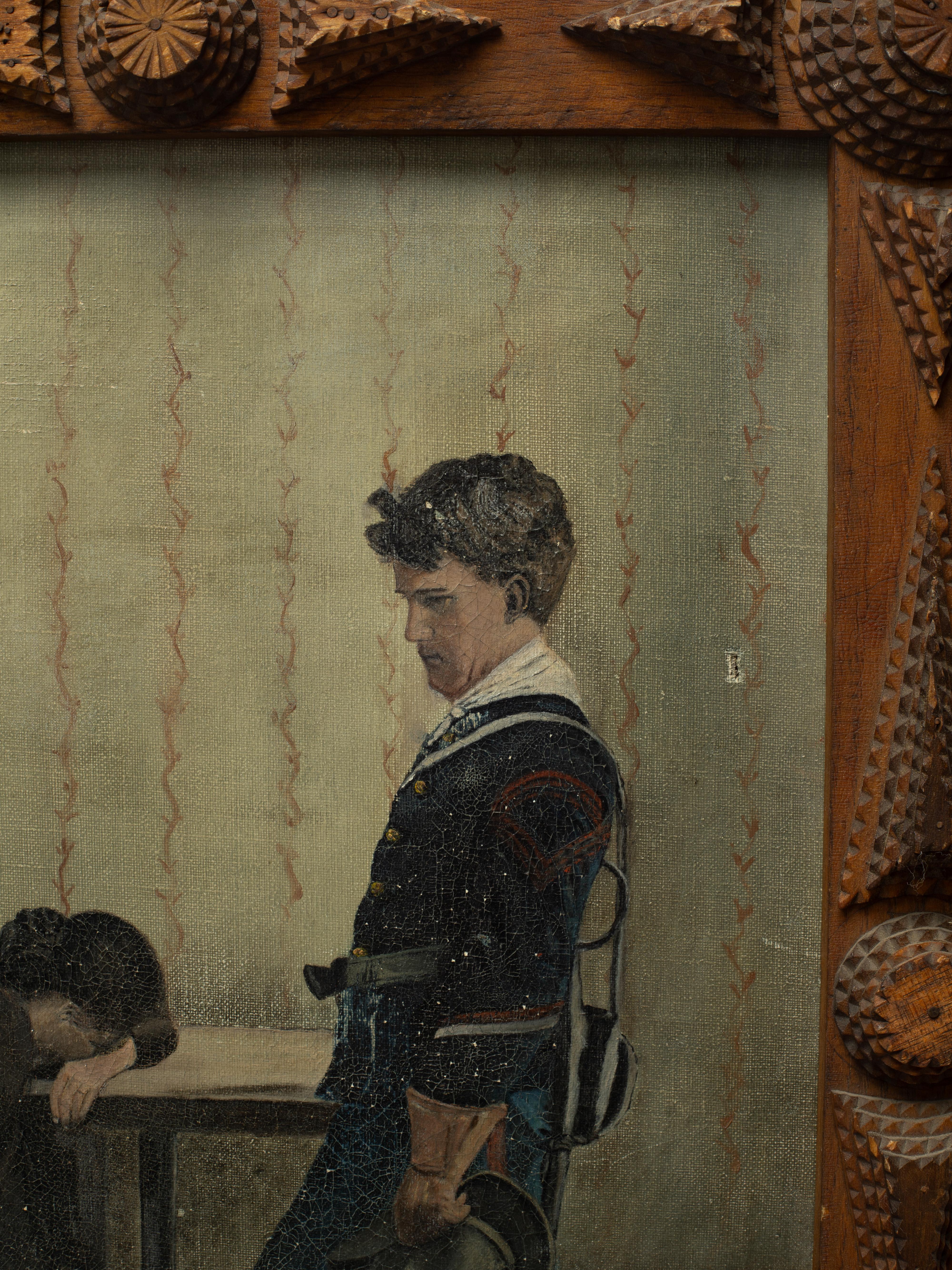 Early American Late 19th Early 20th Century Folk Art Painting in Tramp Art Frame (amerikanisch) im Angebot