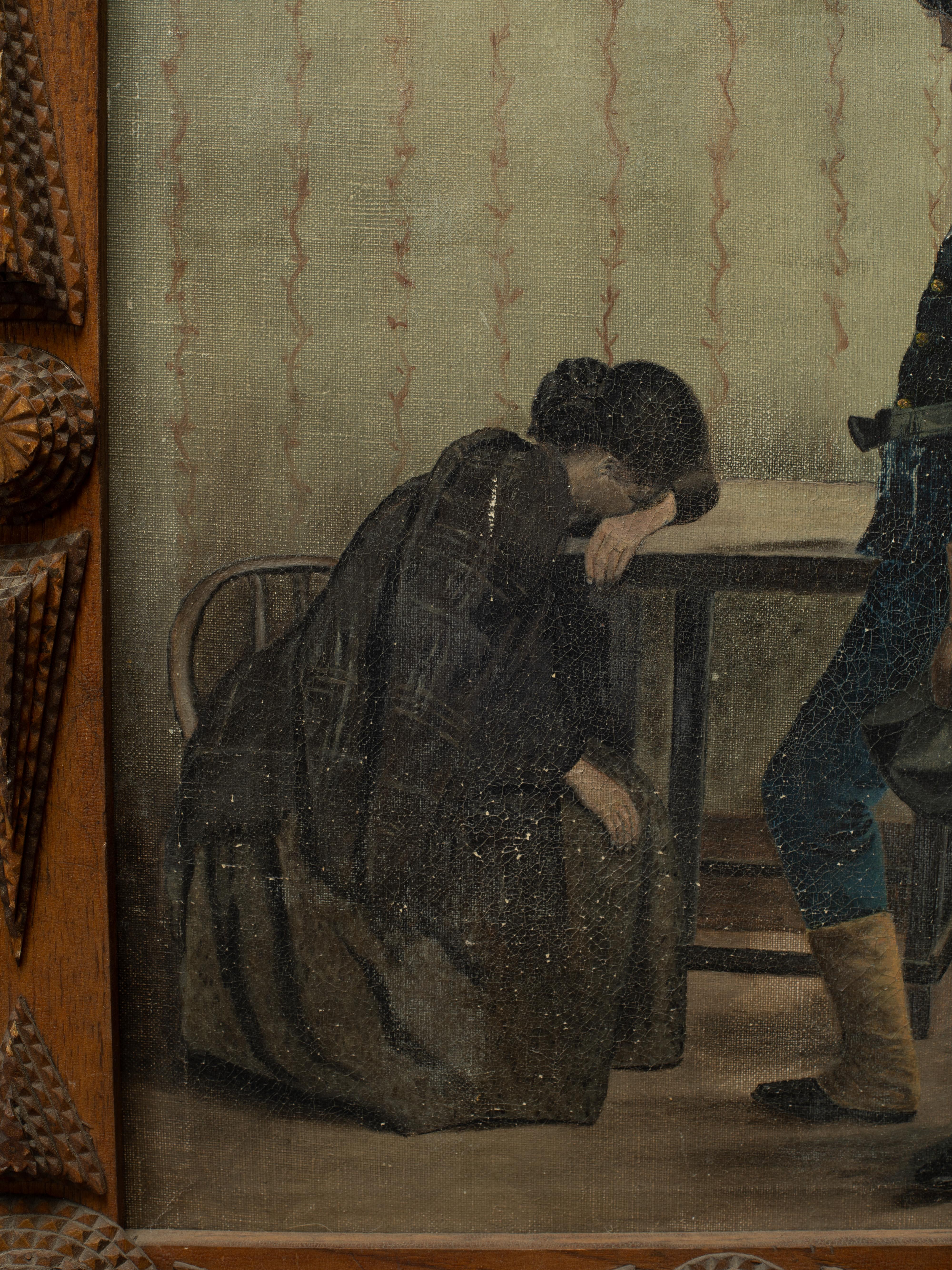 Early American Late 19th Early 20th Century Folk Art Painting in Tramp Art Frame (Handbemalt) im Angebot