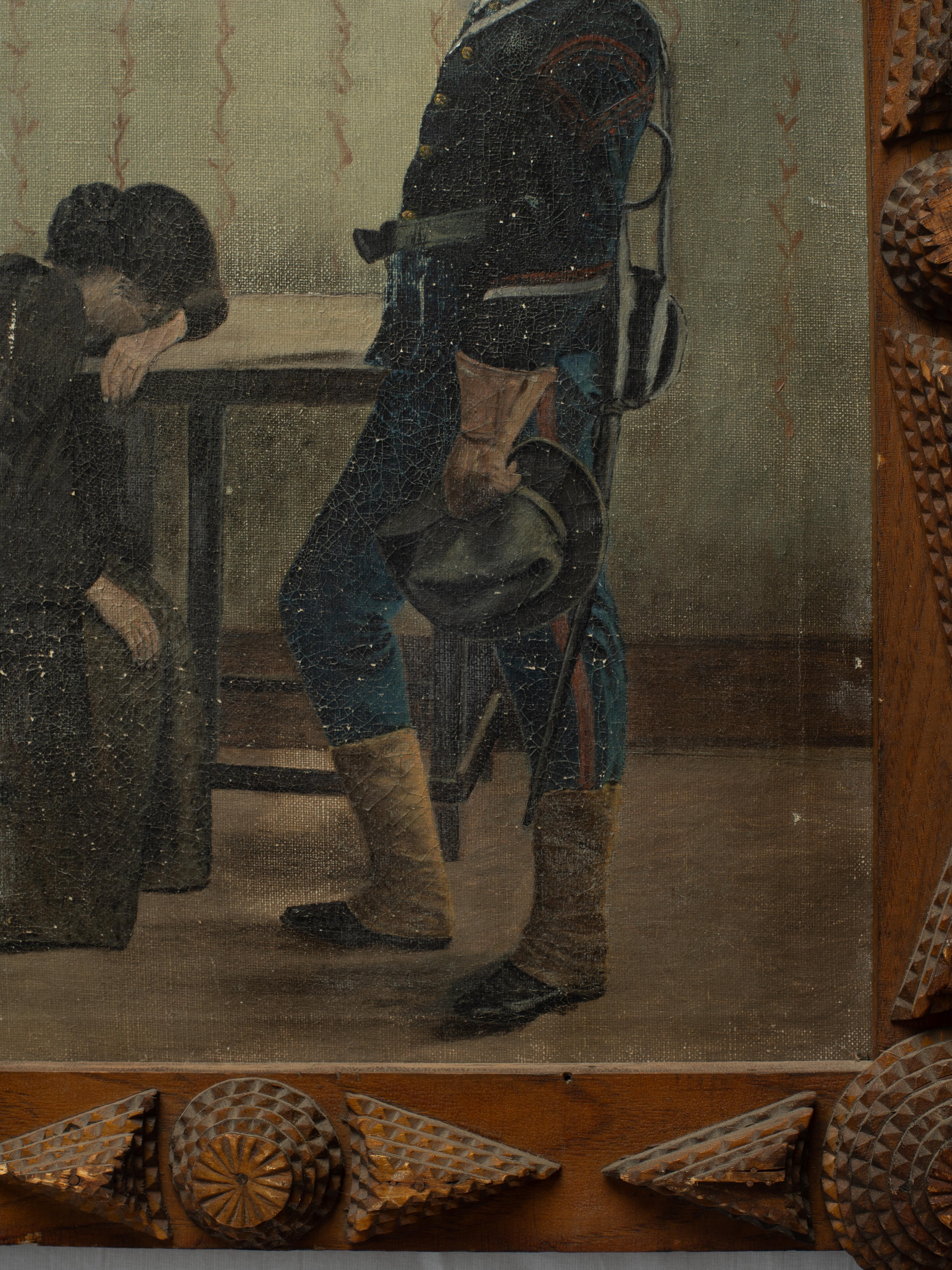 Early American Late 19th Early 20th Century Folk Art Painting in Tramp Art Frame im Zustand „Gut“ im Angebot in Fort Collins, CO