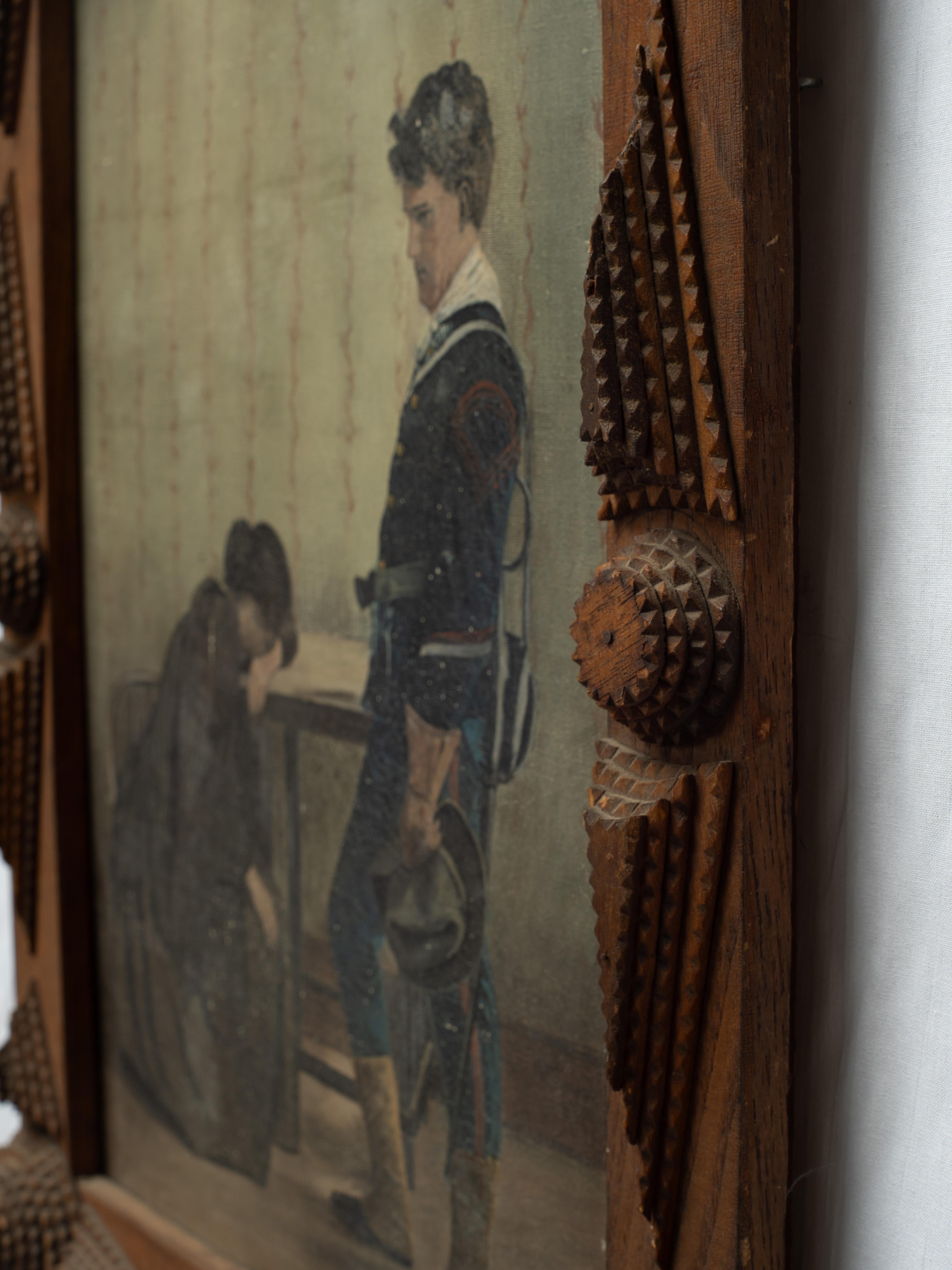 Early American Late 19th Early 20th Century Folk Art Painting in Tramp Art Frame (20. Jahrhundert) im Angebot