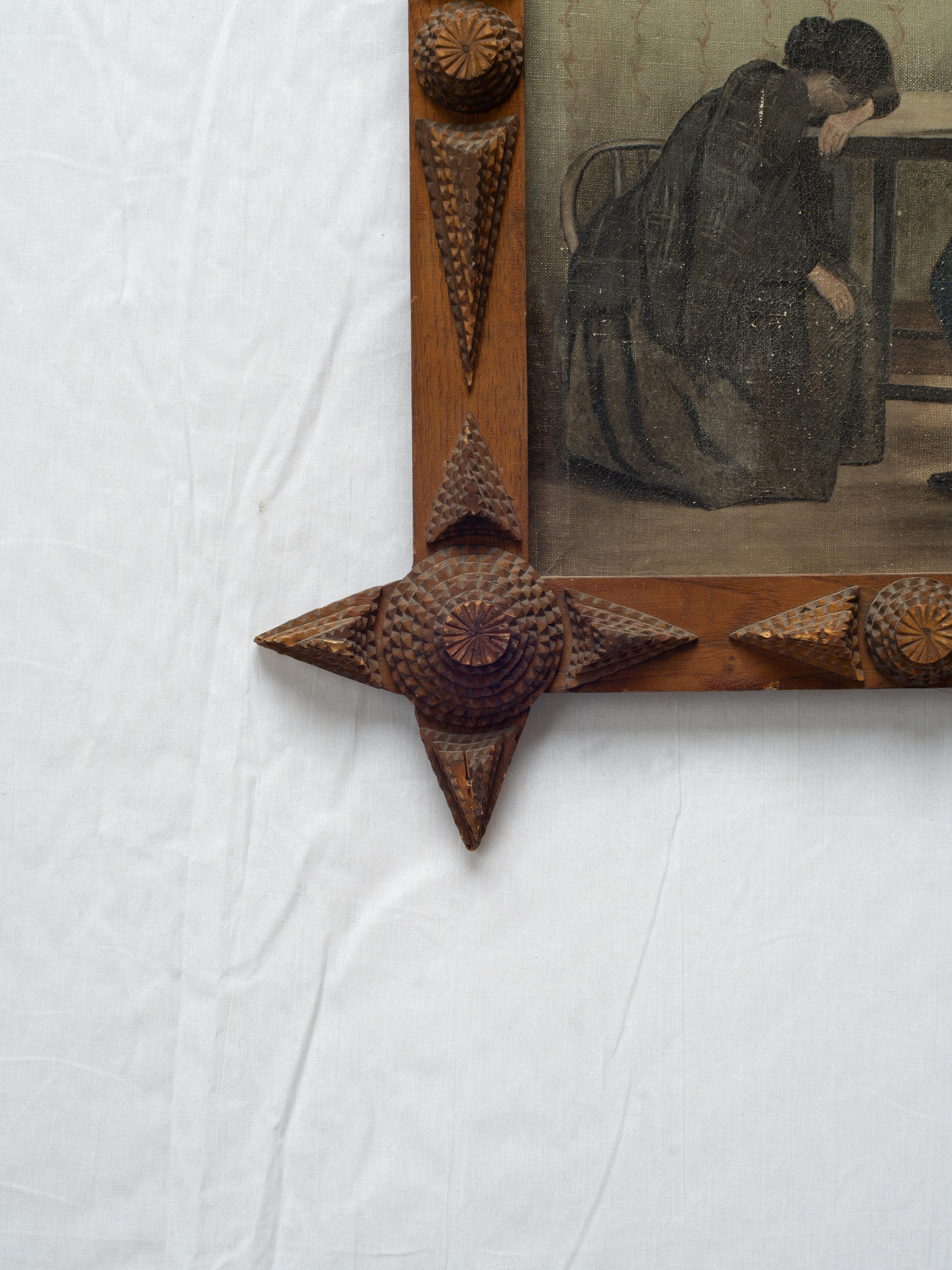 Early American Late 19th Early 20th Century Folk Art Painting in Tramp Art Frame (Holz) im Angebot