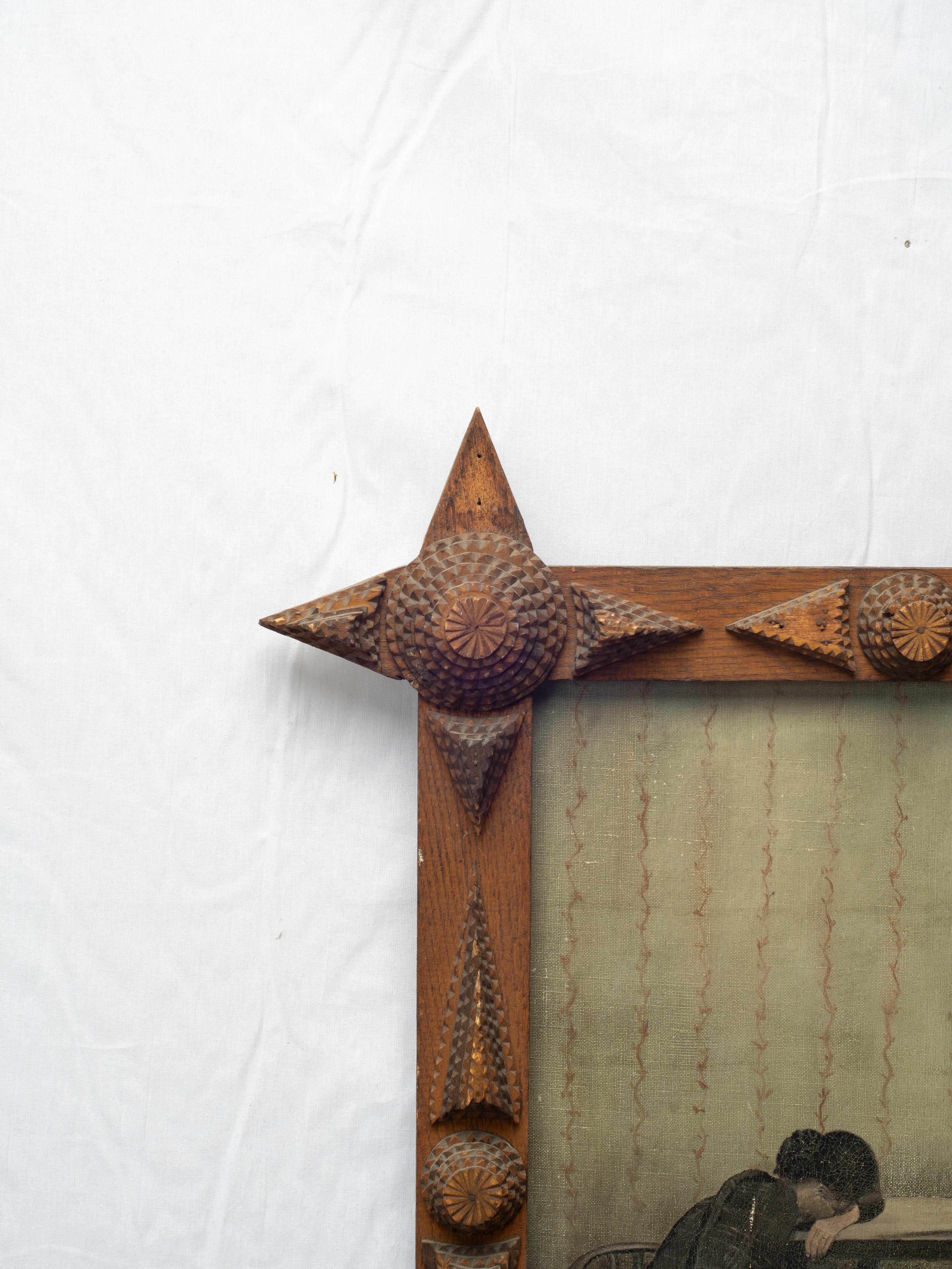 Early American Late 19th Early 20th Century Folk Art Painting in Tramp Art Frame im Angebot 1