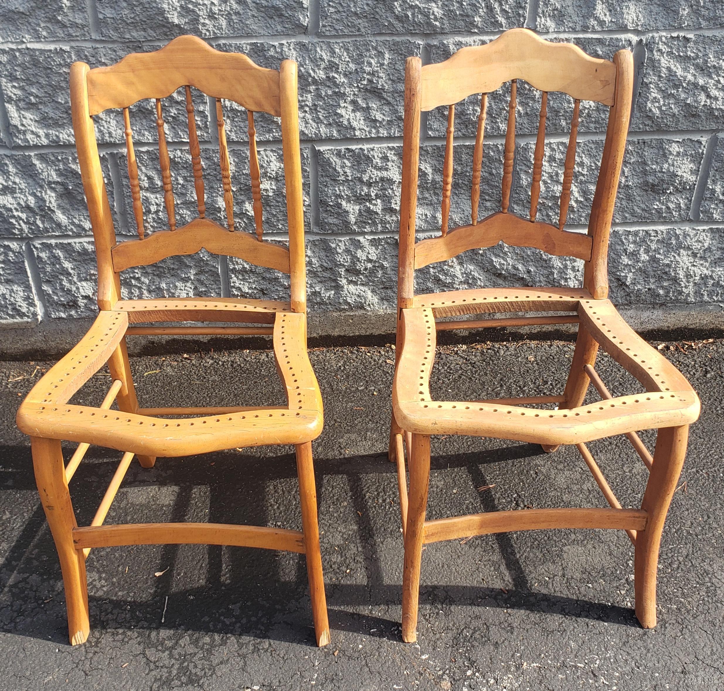 A pair of Early American Maple side chair frames ready for your choice of recanning or upholstering.
Measures 17