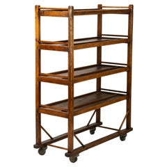 Antique Early American Oak Industrial Factory Rolling Bakers Rack Cart
