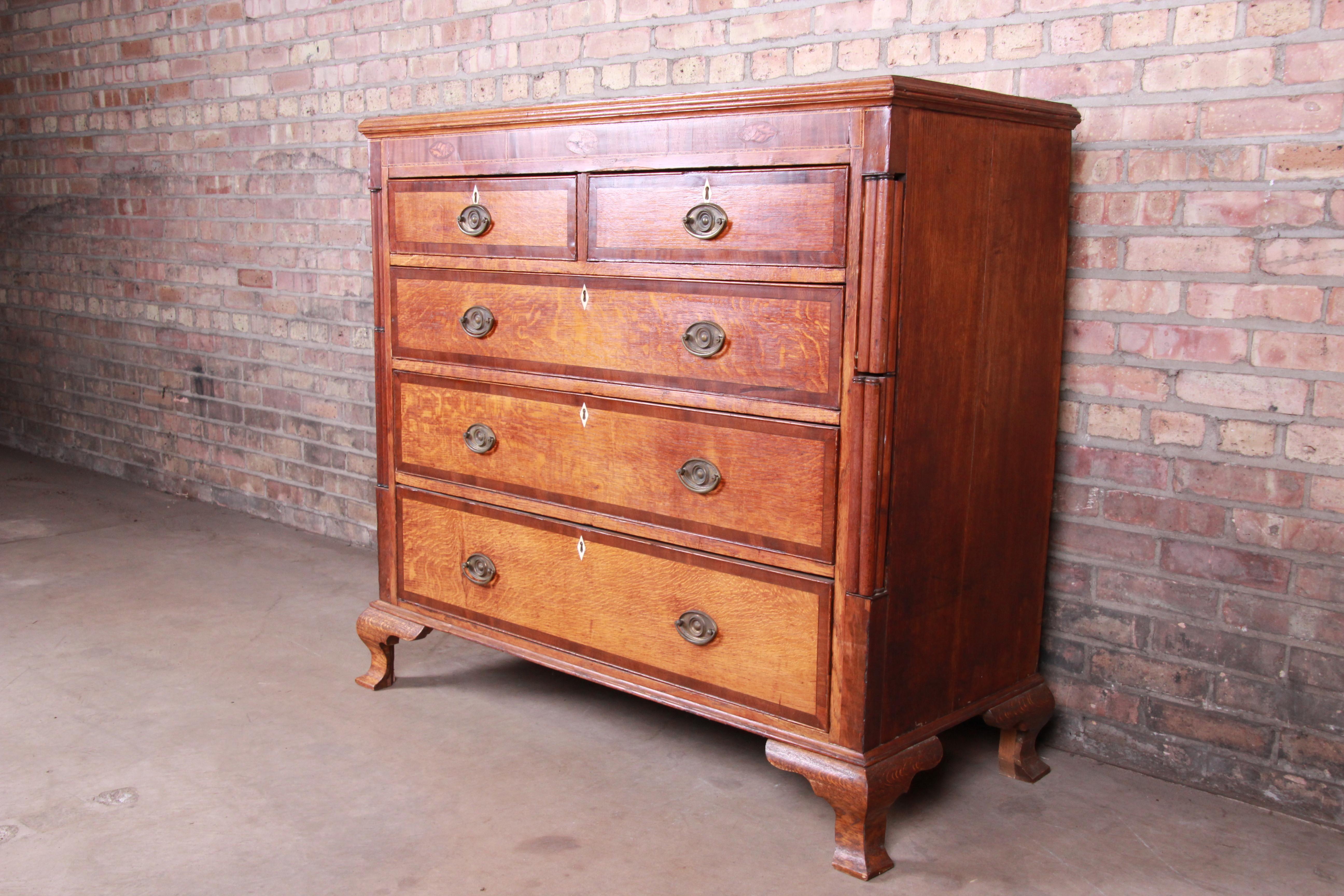 American Colonial Early American Oak, Inlaid Mahogany, and Bone Inlay Chest of Drawers, circa 1820