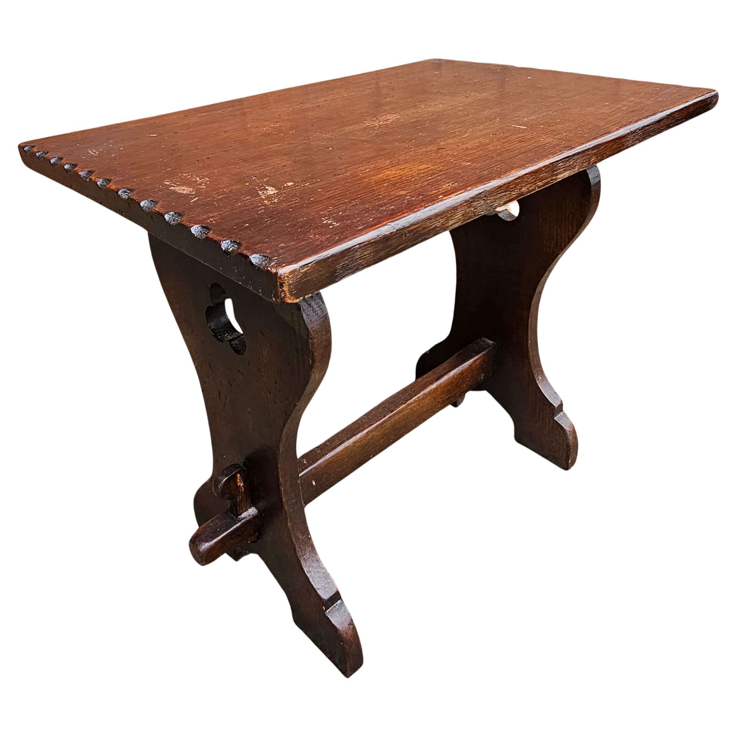 Stained Early American Oak Trestle Side Table Bench