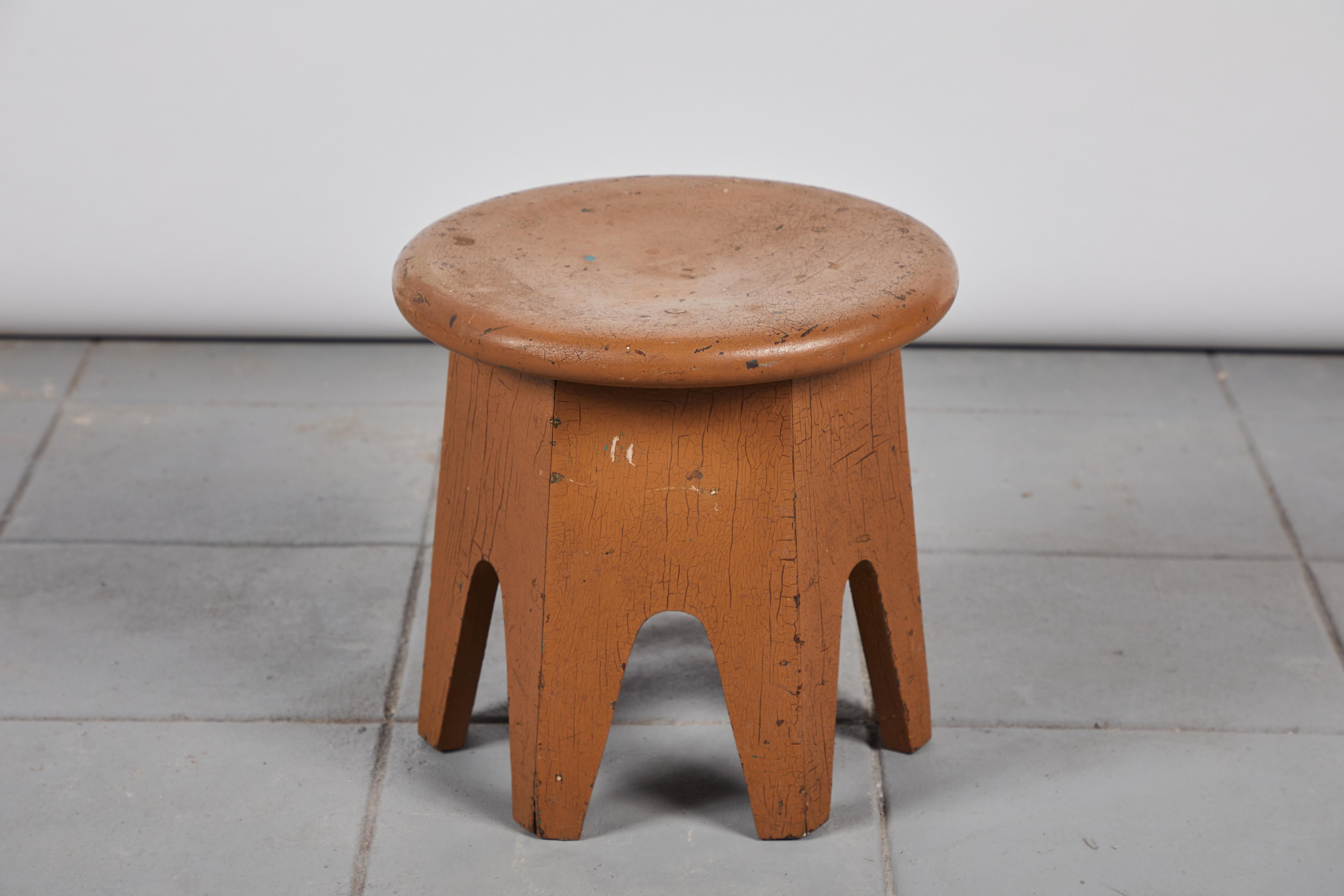 Early American round painted stool with hexagonal bevel sides.