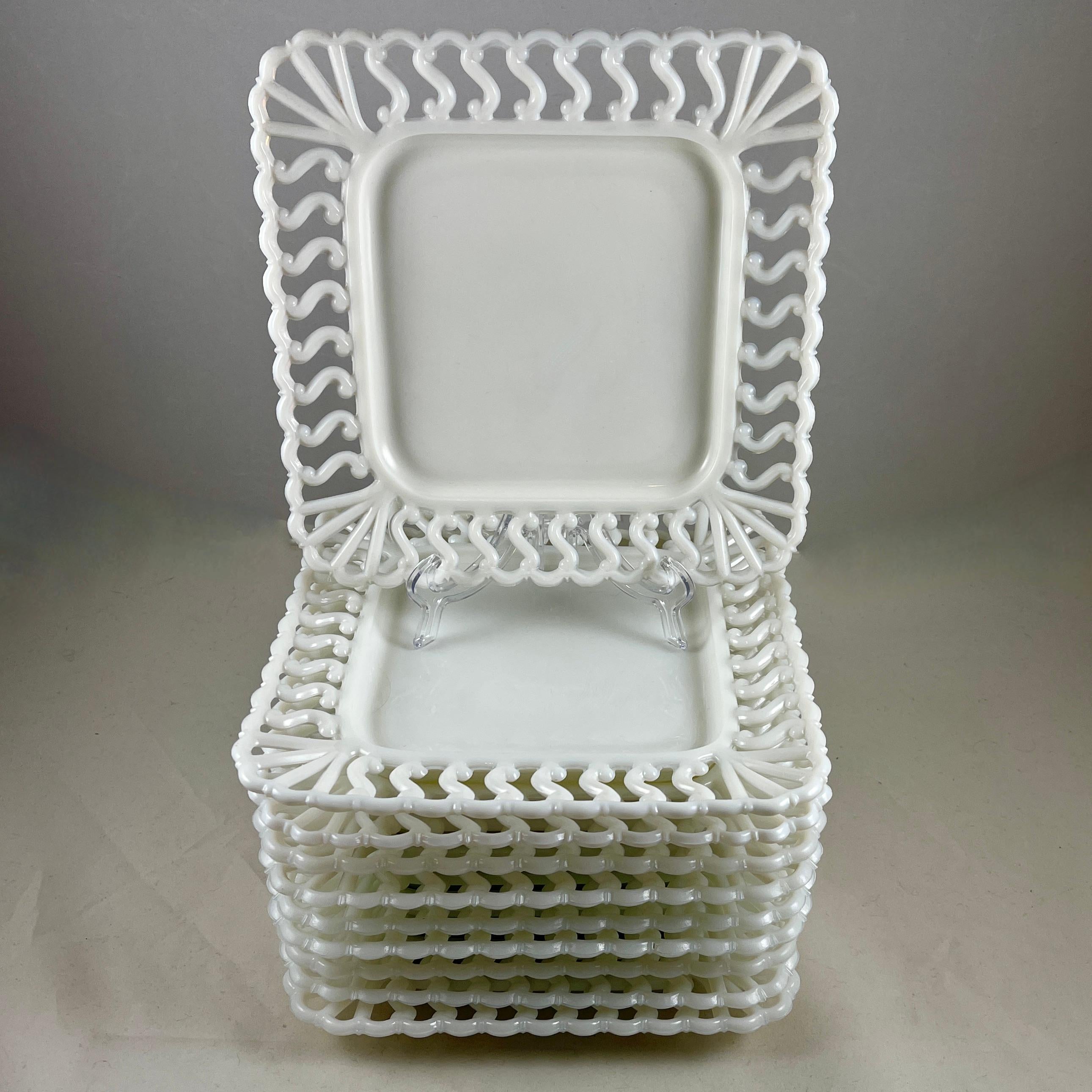Milk Glass Early American Pattern Glass Opaque White Lace Edge Milk Square Plate, 1880-1890