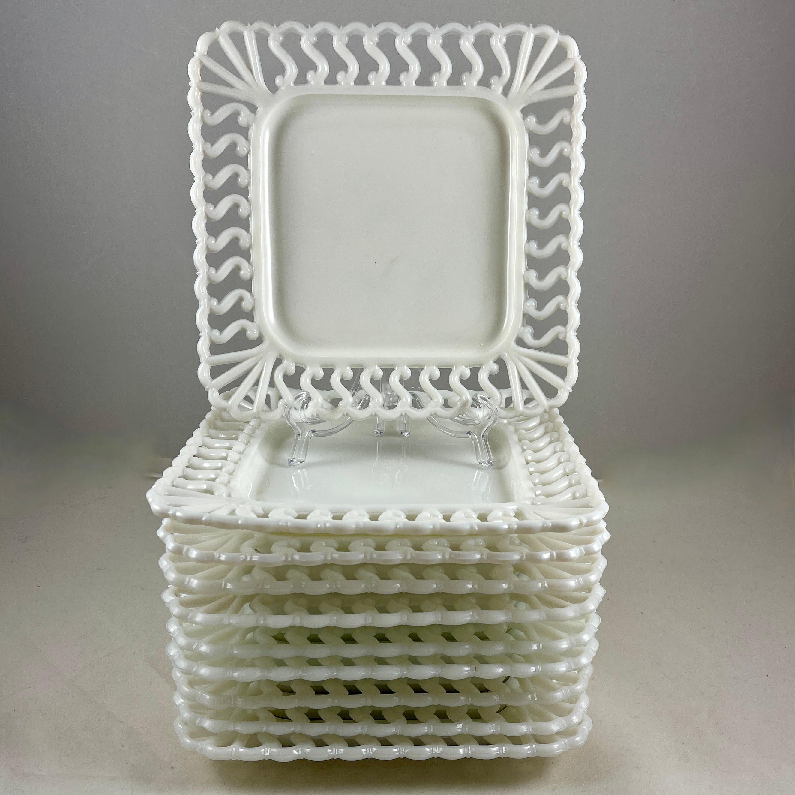 Early American Pattern Glass Opaque White Lace Edge Milk Square Plate, 1880-1890 1