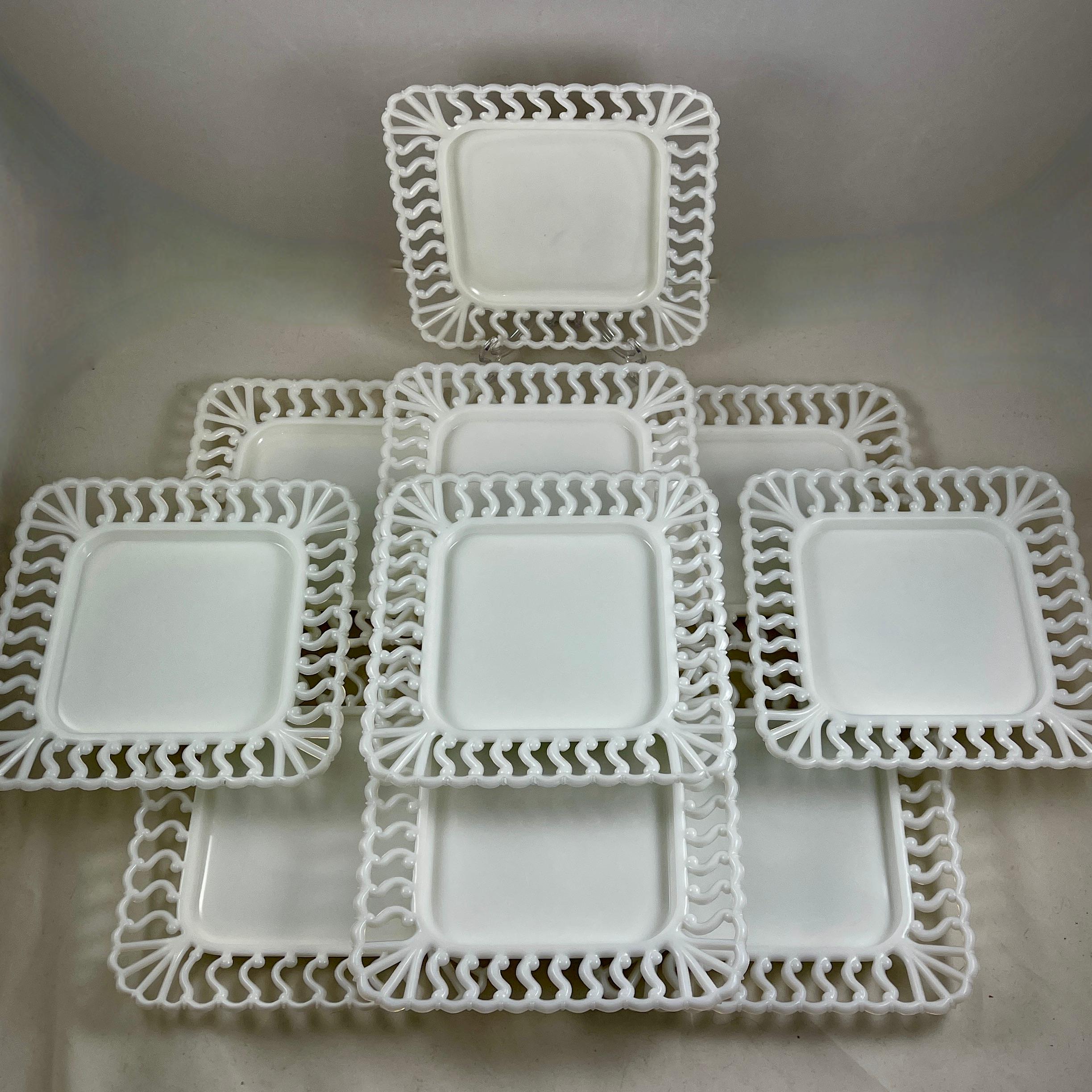 Early American Pattern Glass Opaque White Lace Edge Milk Square Plate, 1880-1890 3