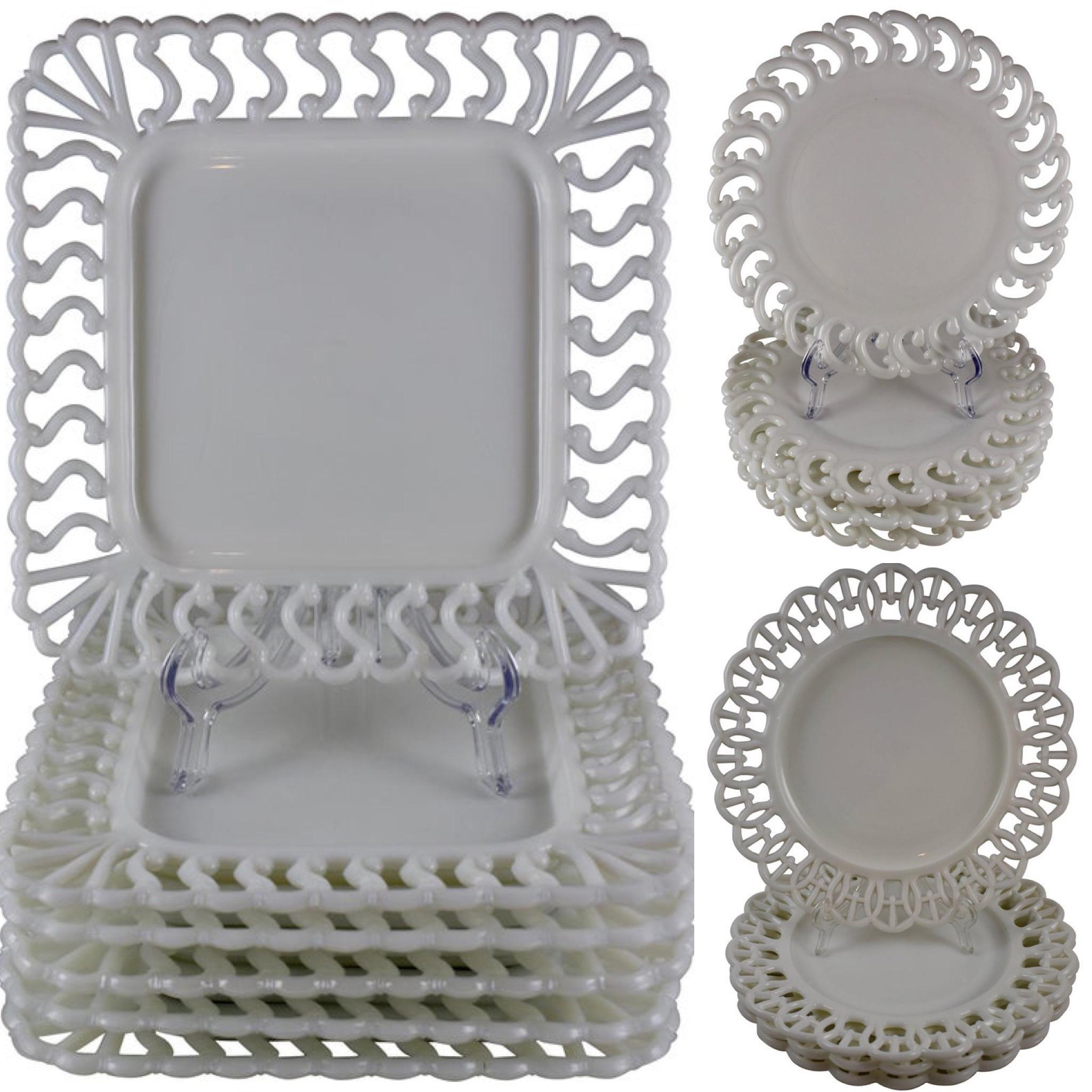 Early American Pattern Glass Opaque White Lace Edge Milk Square Plate, 1880-1890 4