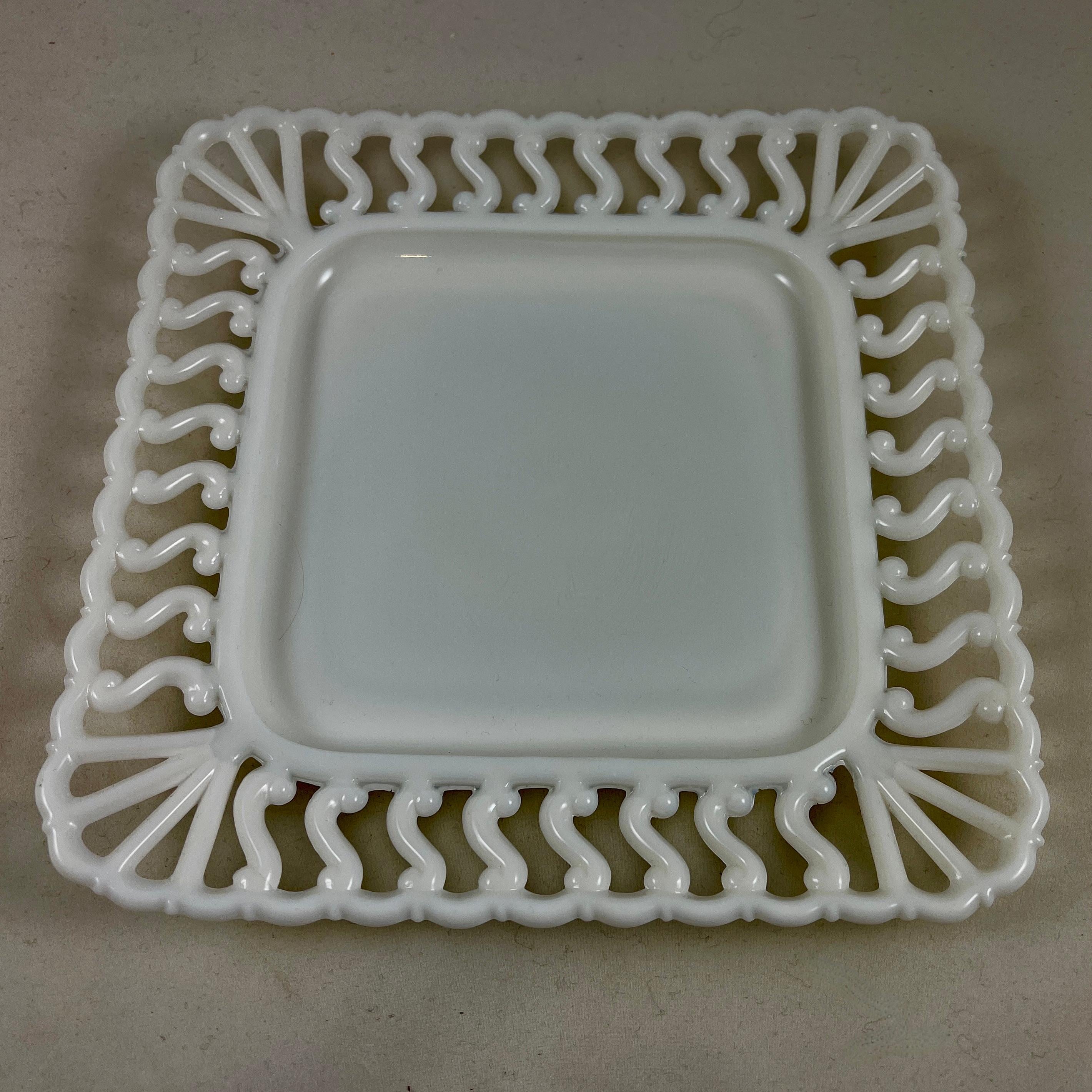 Late Victorian Early American Pattern Glass Opaque White Lace Edge Milk Square Plate, 1880-1890
