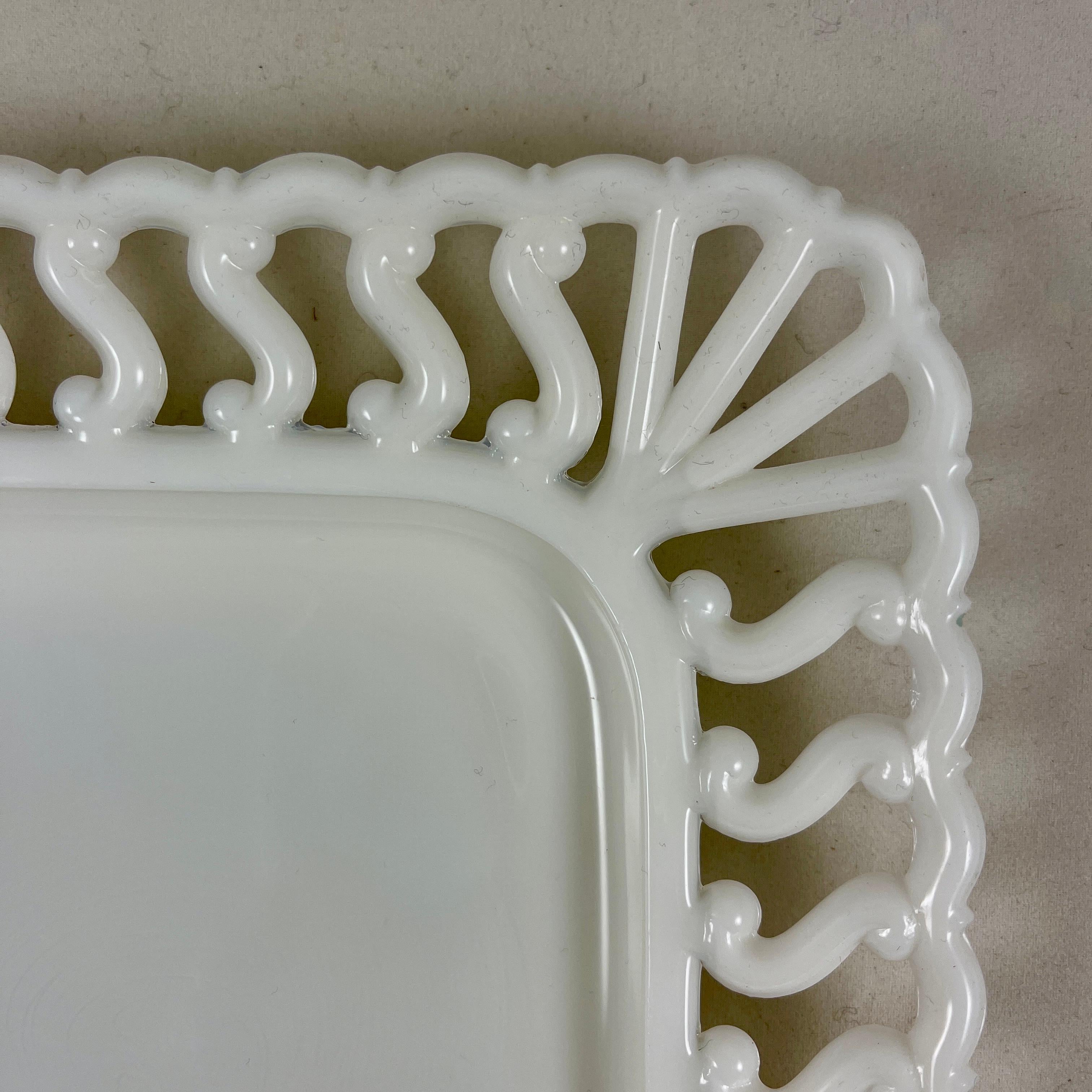 Molded Early American Pattern Glass Opaque White Lace Edge Milk Square Plate, 1880-1890