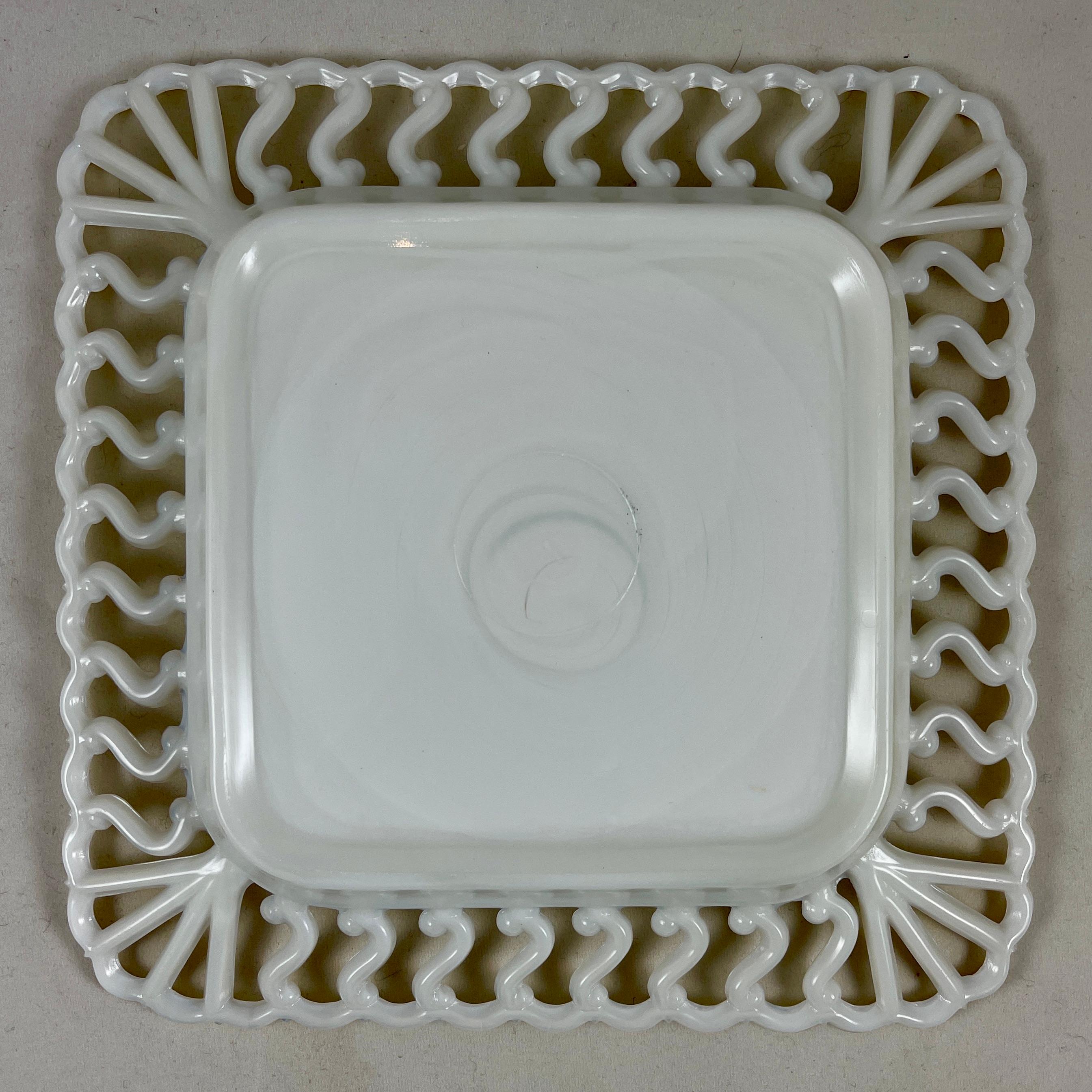Early American Pattern Glass Opaque White Lace Edge Milk Square Plate, 1880-1890 In Good Condition In Philadelphia, PA