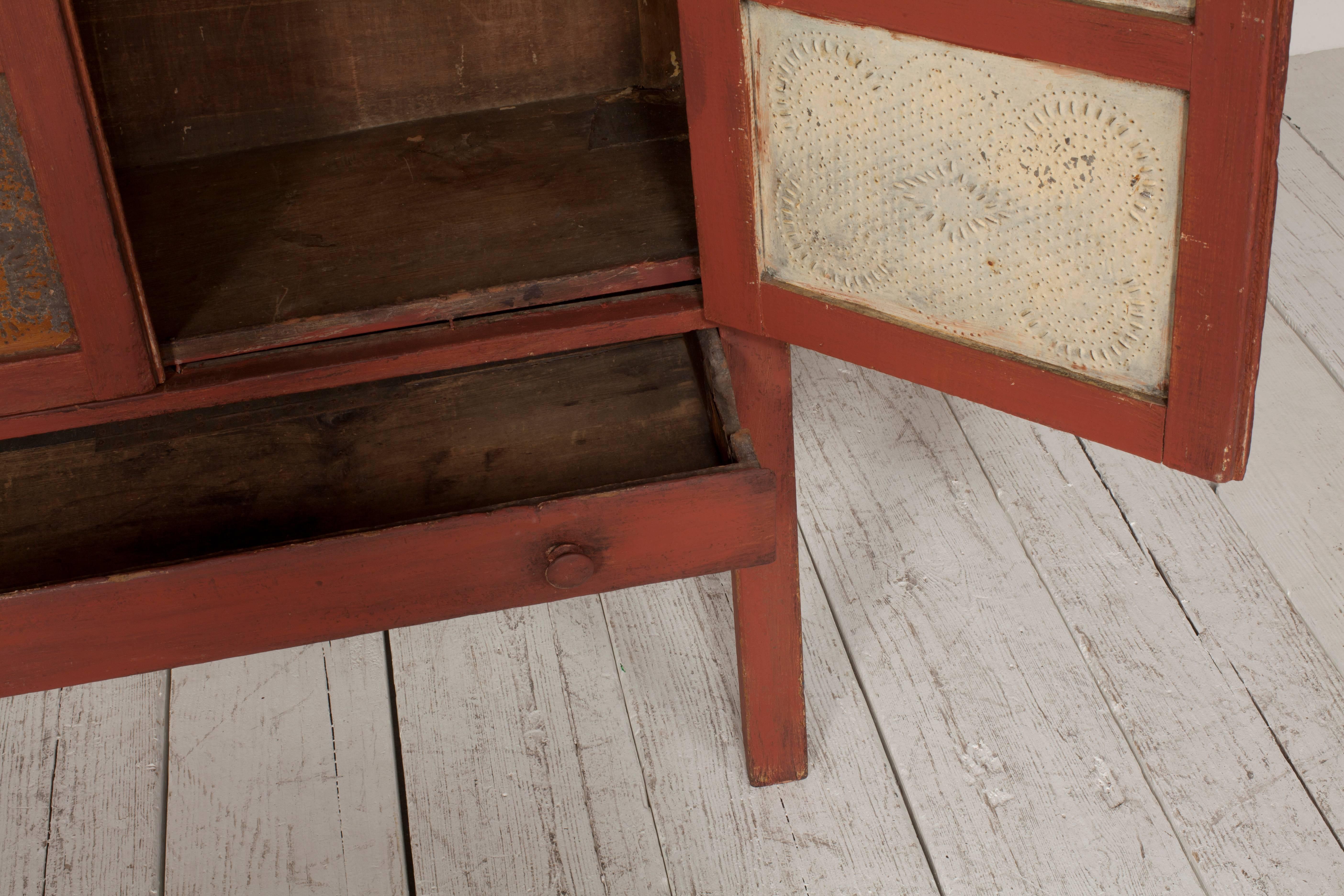 Late 19th Century Early American Pie Safe Cabinet with Patina Metal Details and Single Drawer