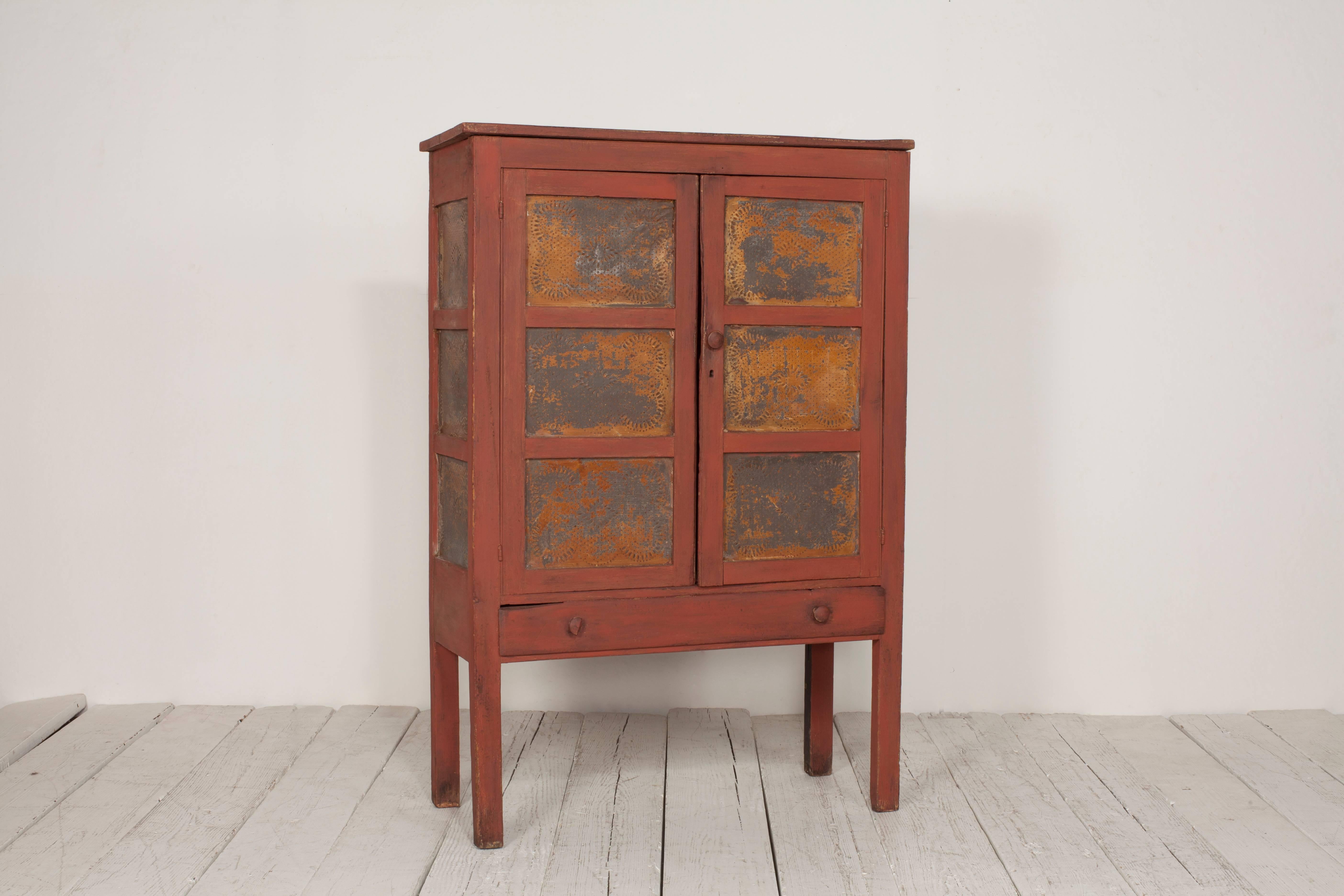 Early American Pie Safe Cabinet with Patina Metal Details and Single Drawer 3