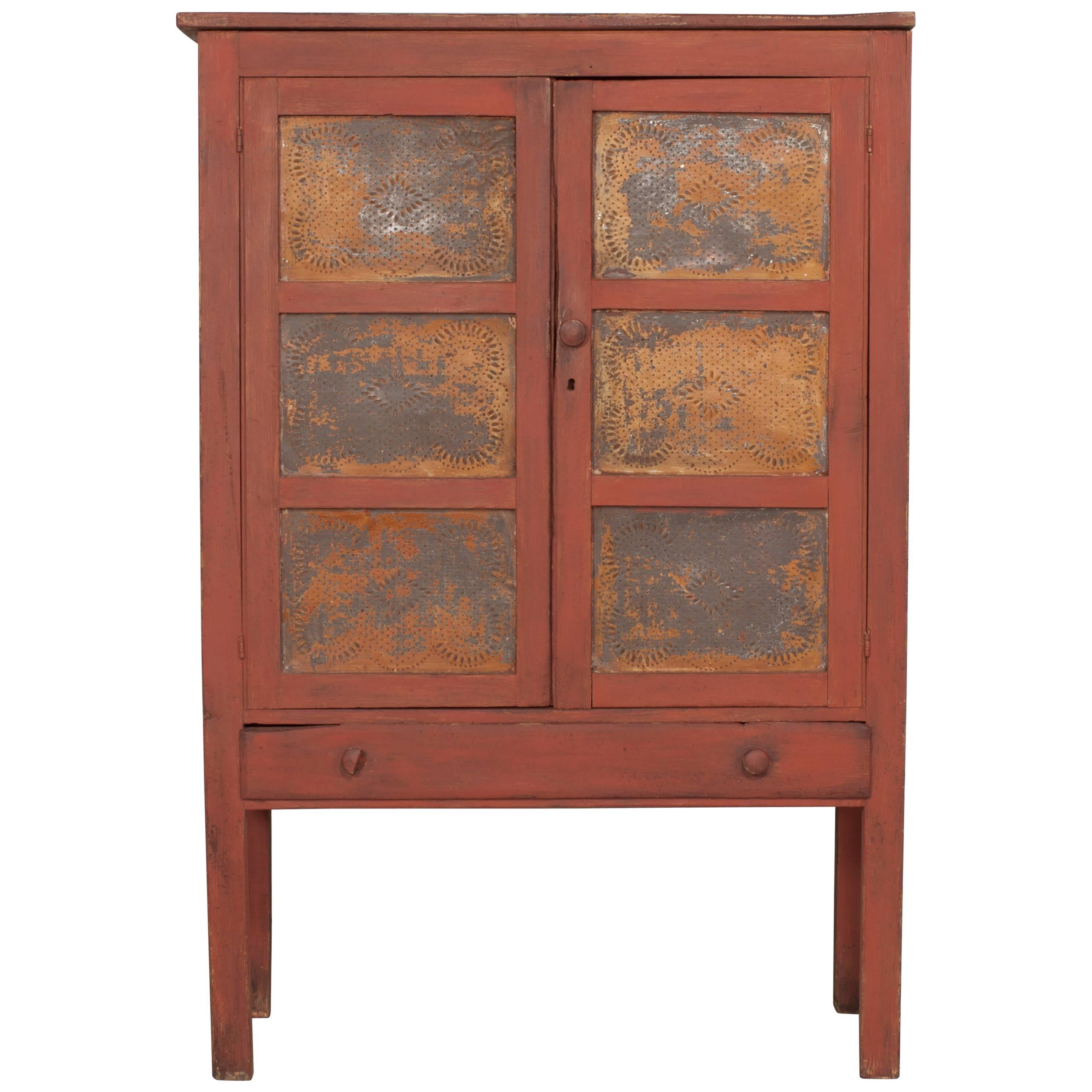 Early American Pie Safe Cabinet with Patina Metal Details and Single Drawer