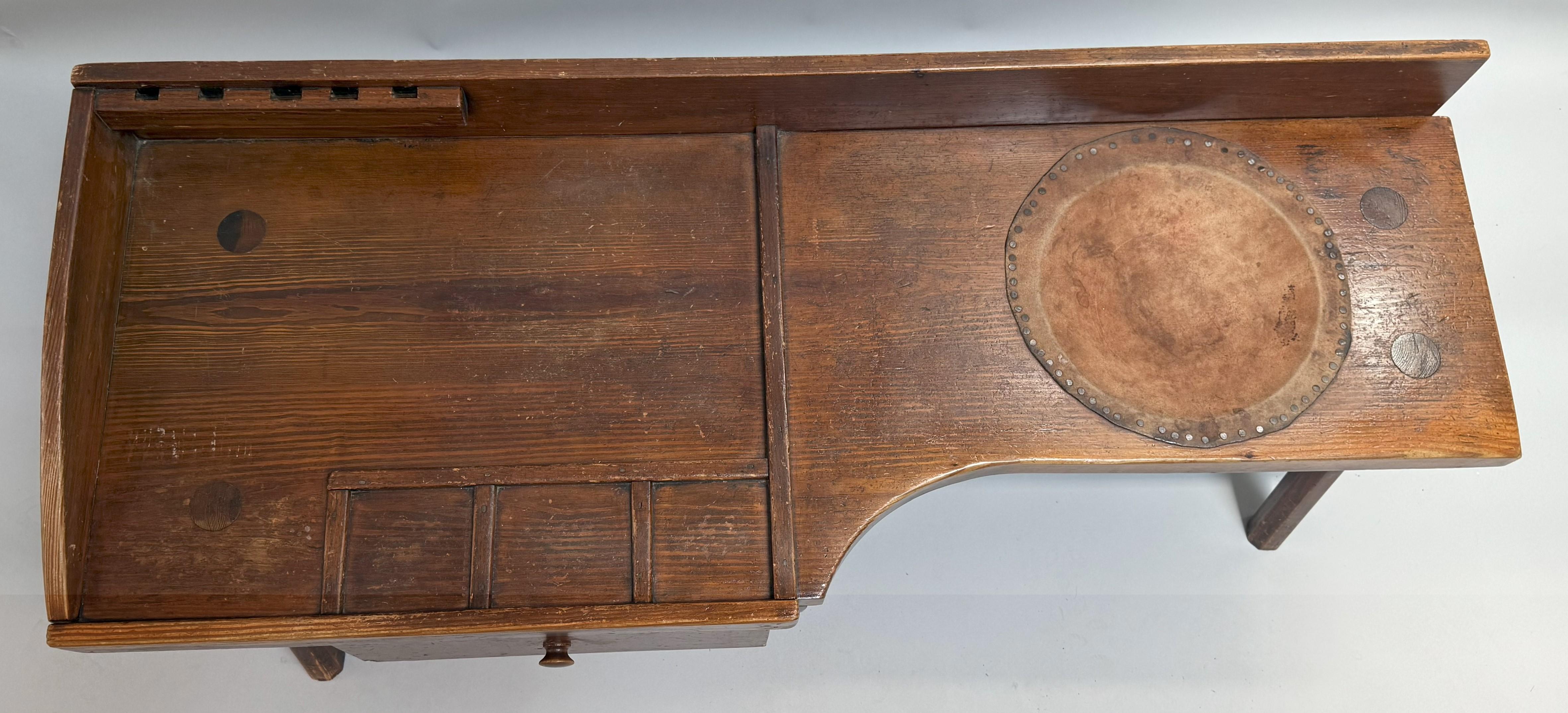 Carved Early American Pine Cobbler's Bench with Leather Seat Inset For Sale