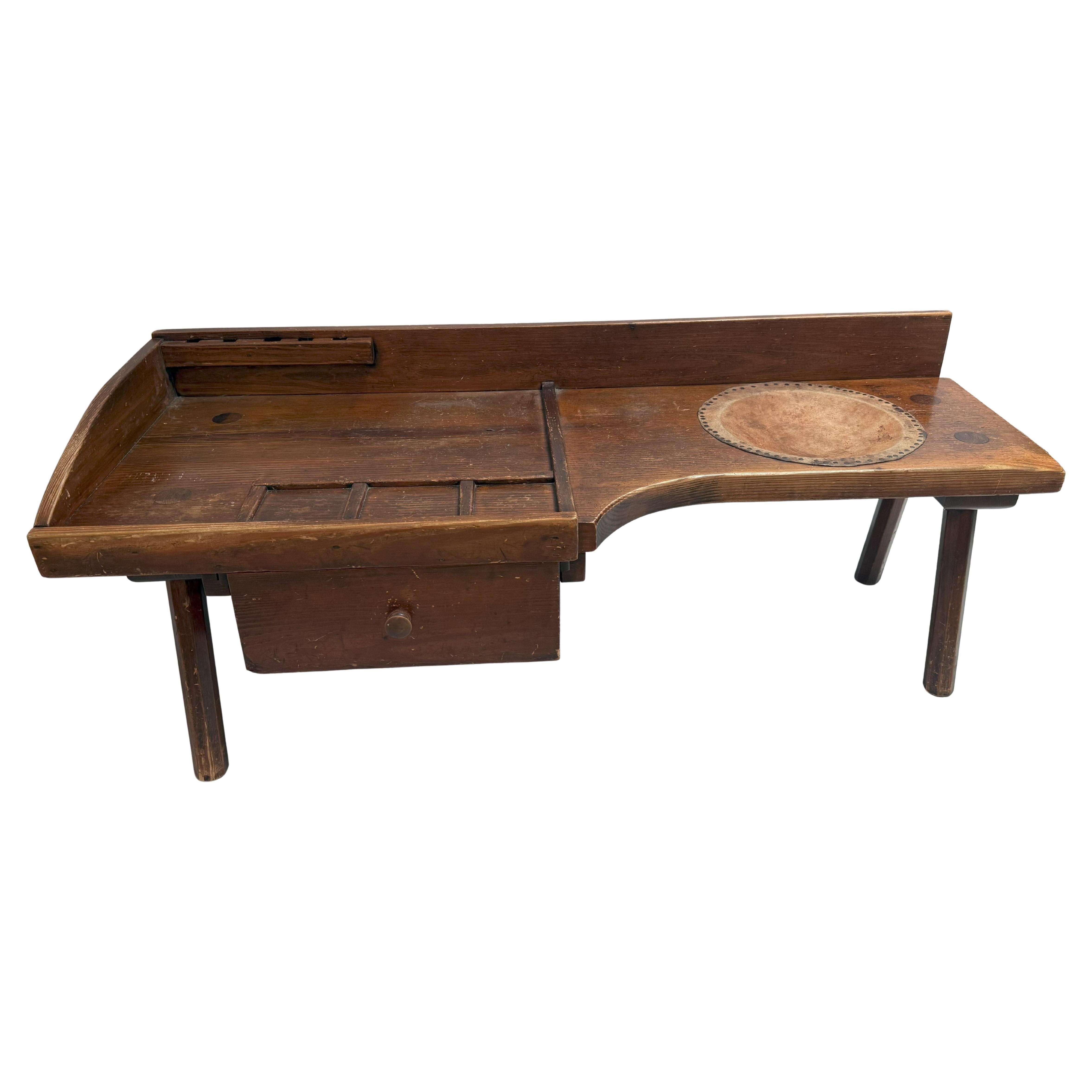 Early American Pine Cobbler's Bench with Leather Seat Inset For Sale