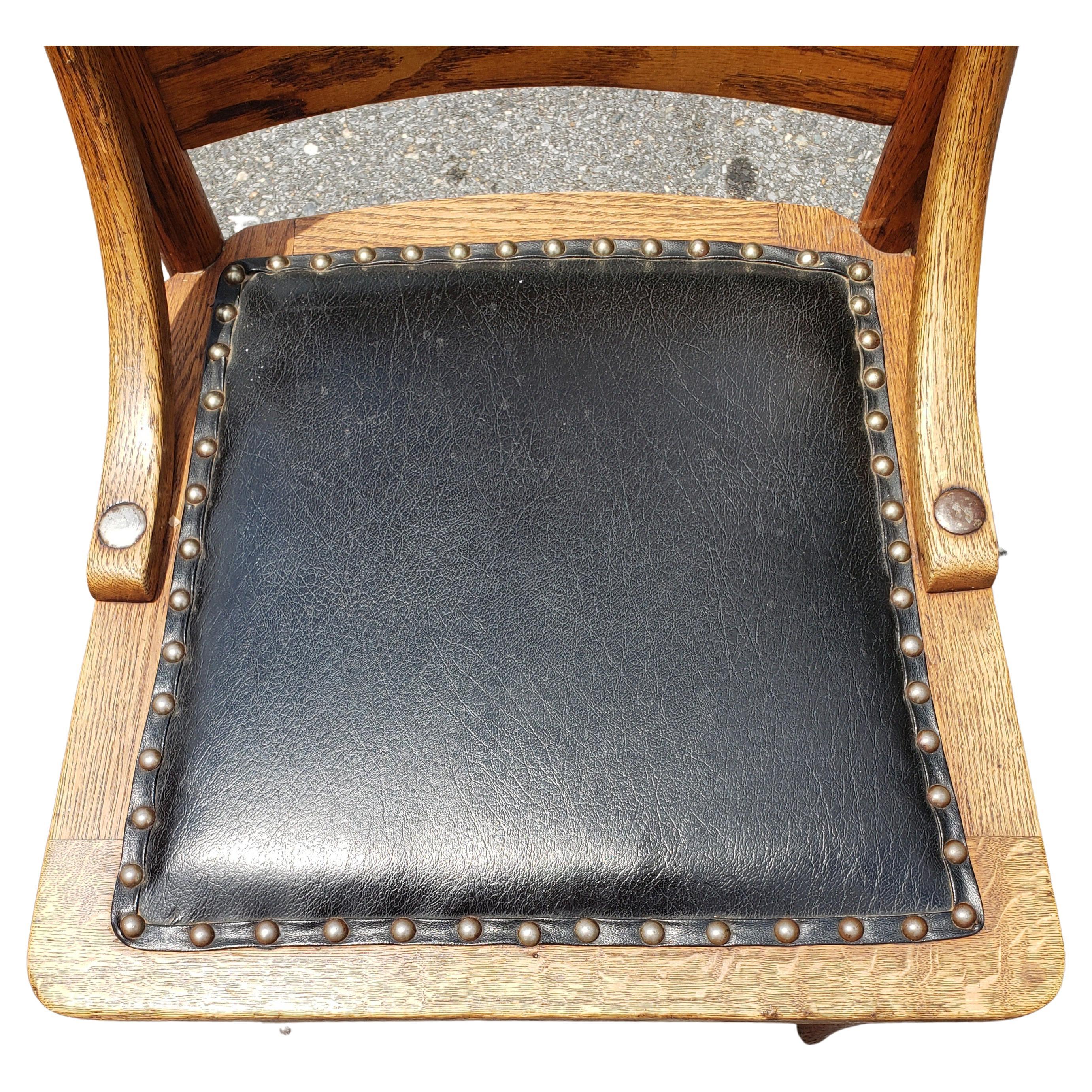 Woodwork Early American Pressed Oak Studded Back & Nail Leather Dining Chairs, a Set For Sale