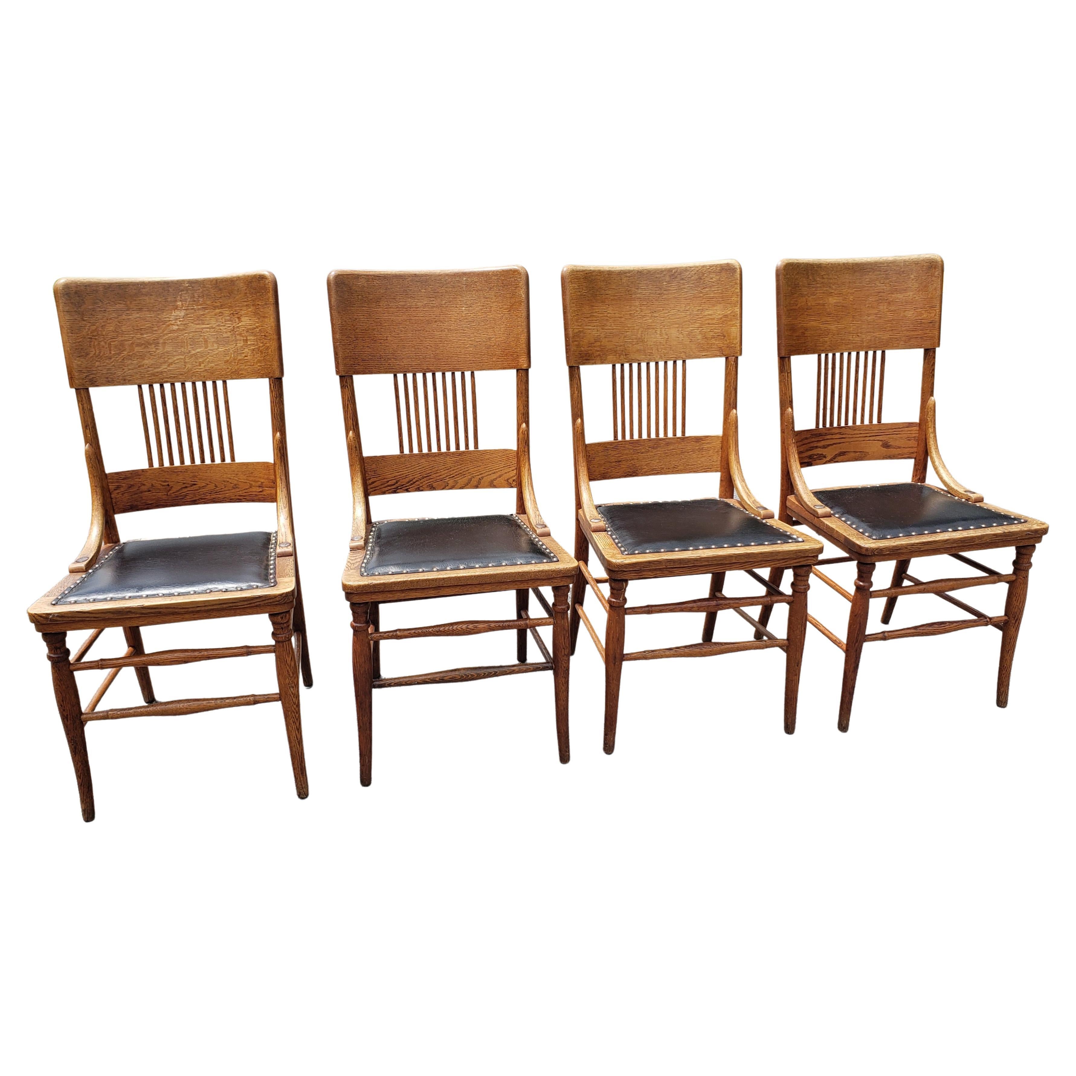 20th Century Early American Pressed Oak Studded Back & Nail Leather Dining Chairs, a Set For Sale