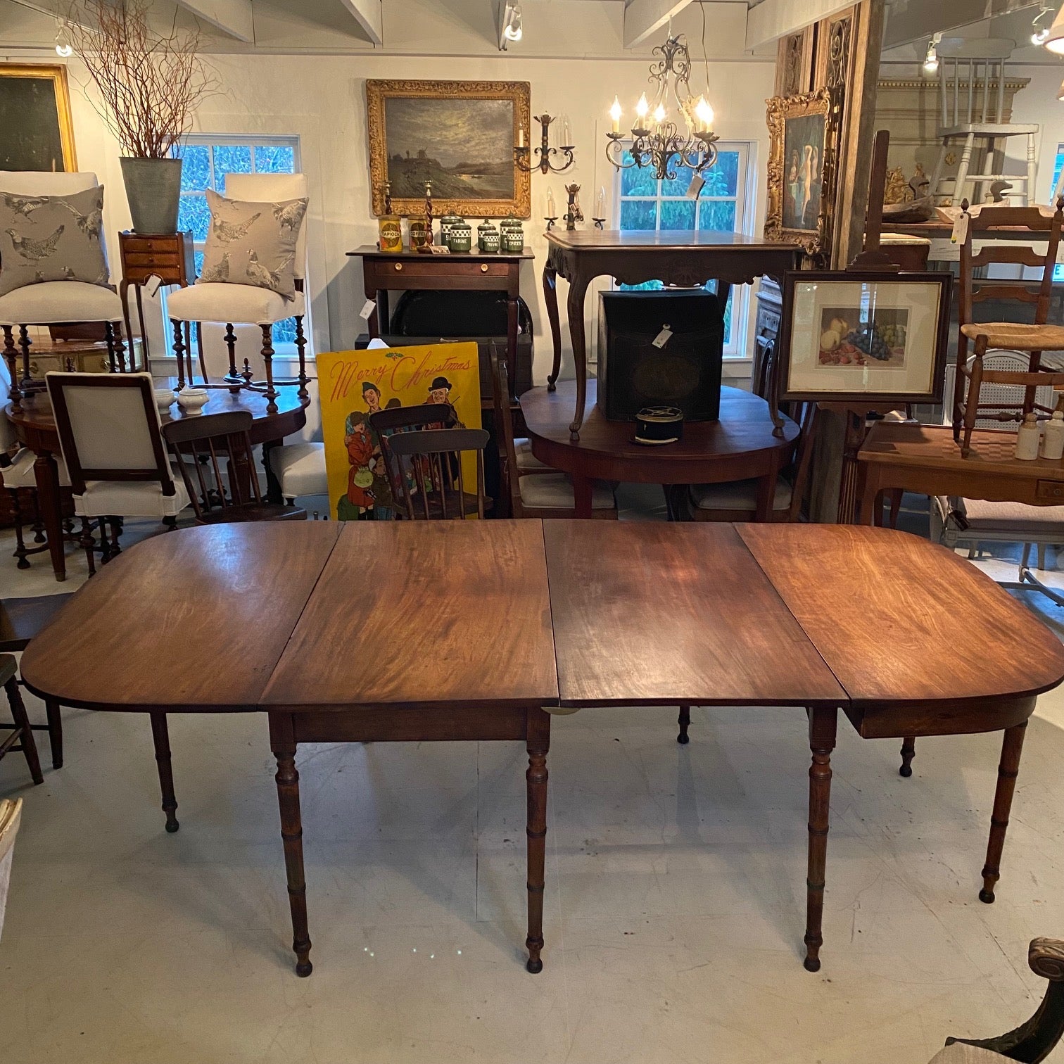 This early American primitive harvest table can be three different sizes, allowing for easy storage and versatility for smaller living spaces. 
W closed (no leaves up) 47”
W open (1 leaf in and drop leaf up) 93.5” 
W table open with only drop leaf