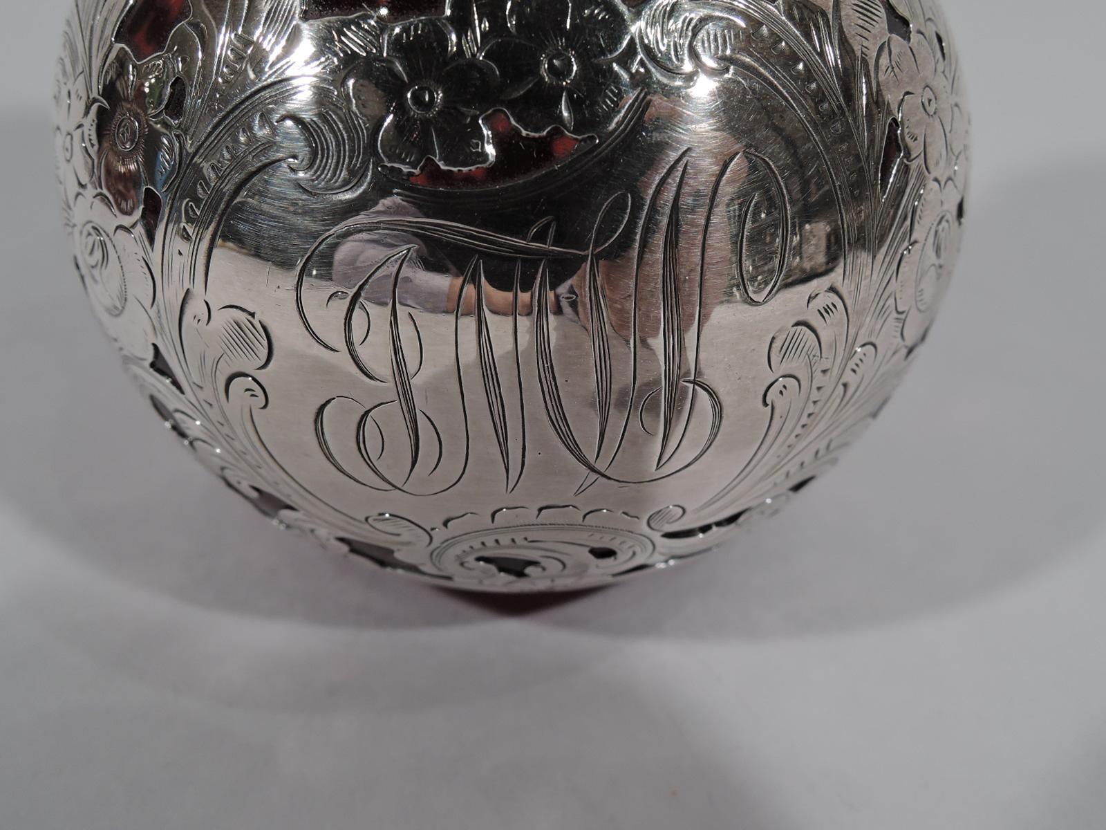 Early American Red Glass Silver Overlay Perfume by Gorham In Excellent Condition For Sale In New York, NY