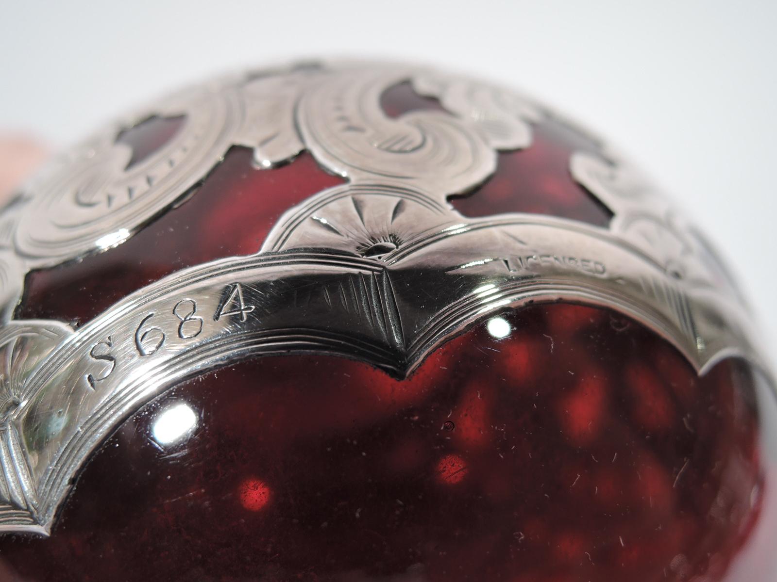 19th Century Early American Red Glass Silver Overlay Perfume by Gorham For Sale