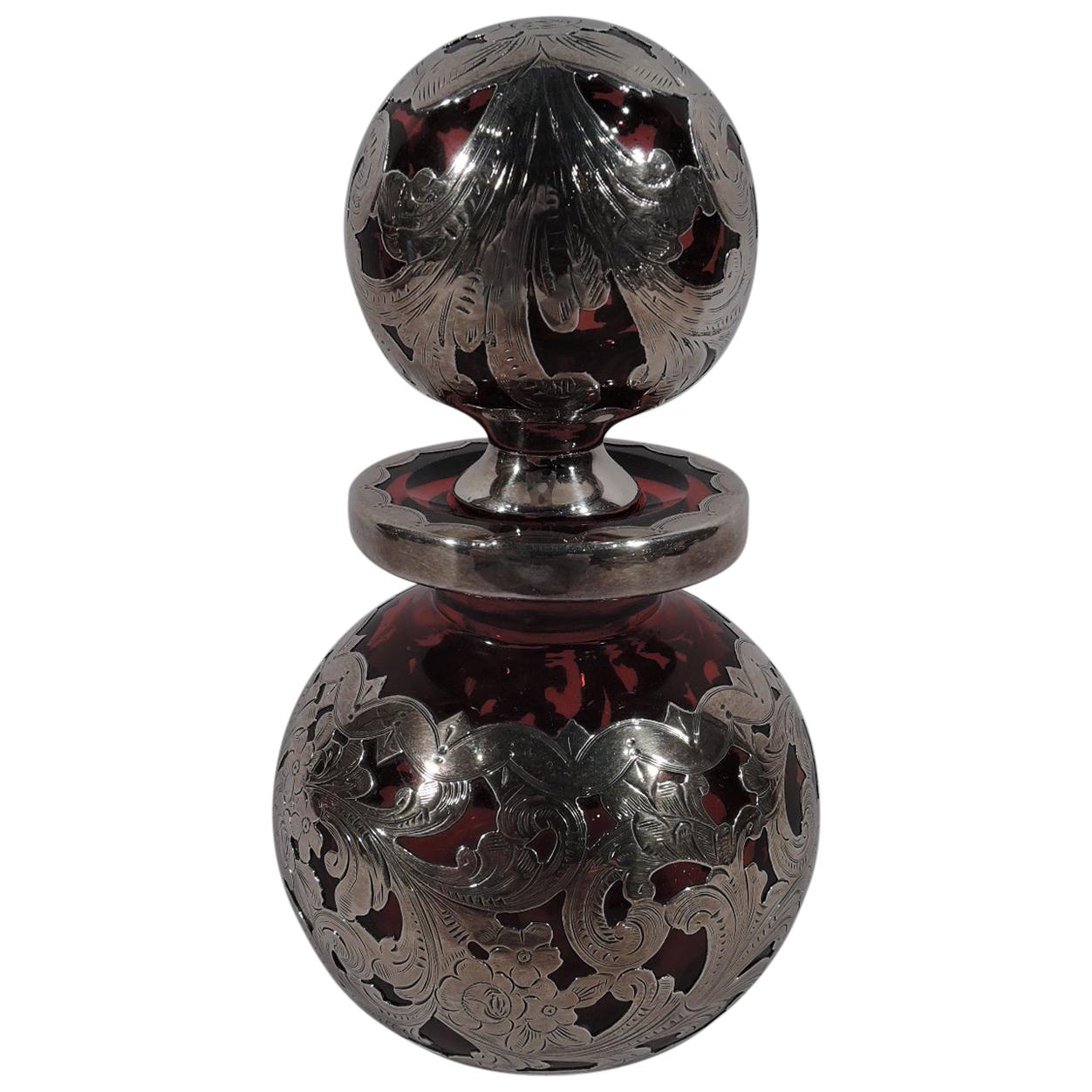 Early American Red Glass Silver Overlay Perfume by Gorham