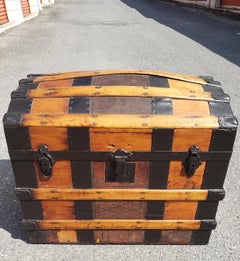 Early American Refinished Dome Top  Pine and Metal Blanket Trunk, Circa 1900s