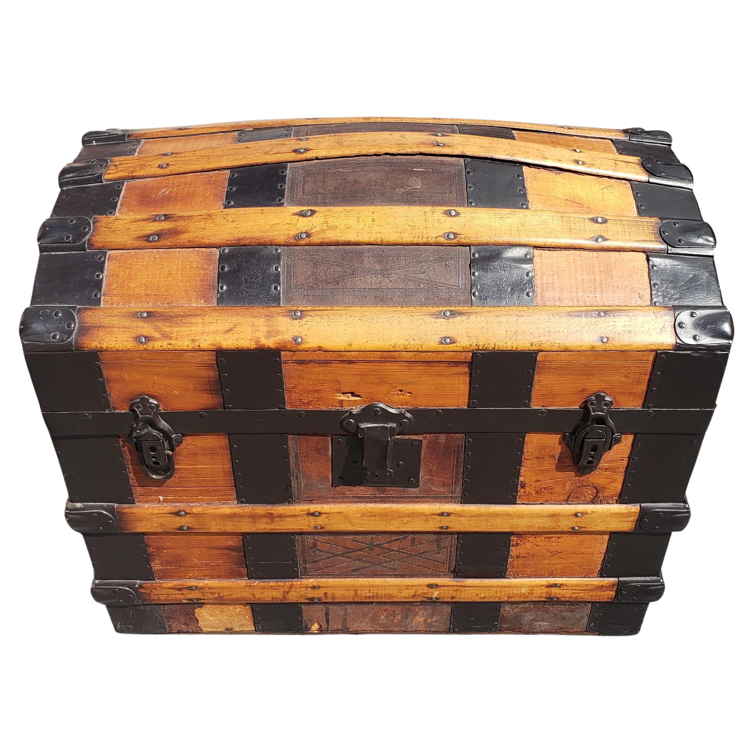 Early American Refinished Dome Top  Pine and Metal Blanket Trunk, Circa 1900s For Sale