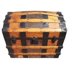 Early American Refinished Dome Top  Pine and Metal Blanket Trunk, Circa 1900s