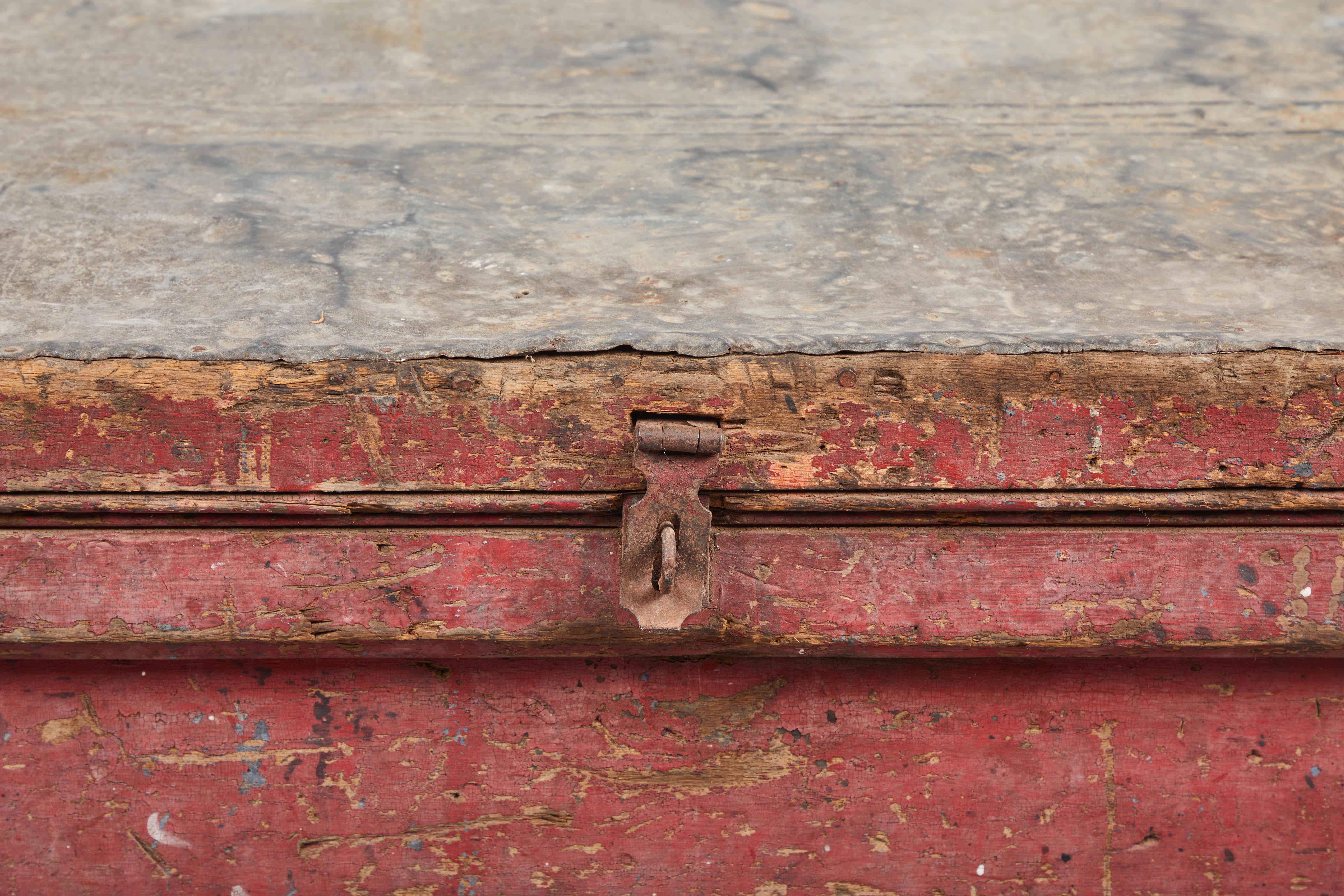 19th Century Early American Rustic Trunk with Zinc Top