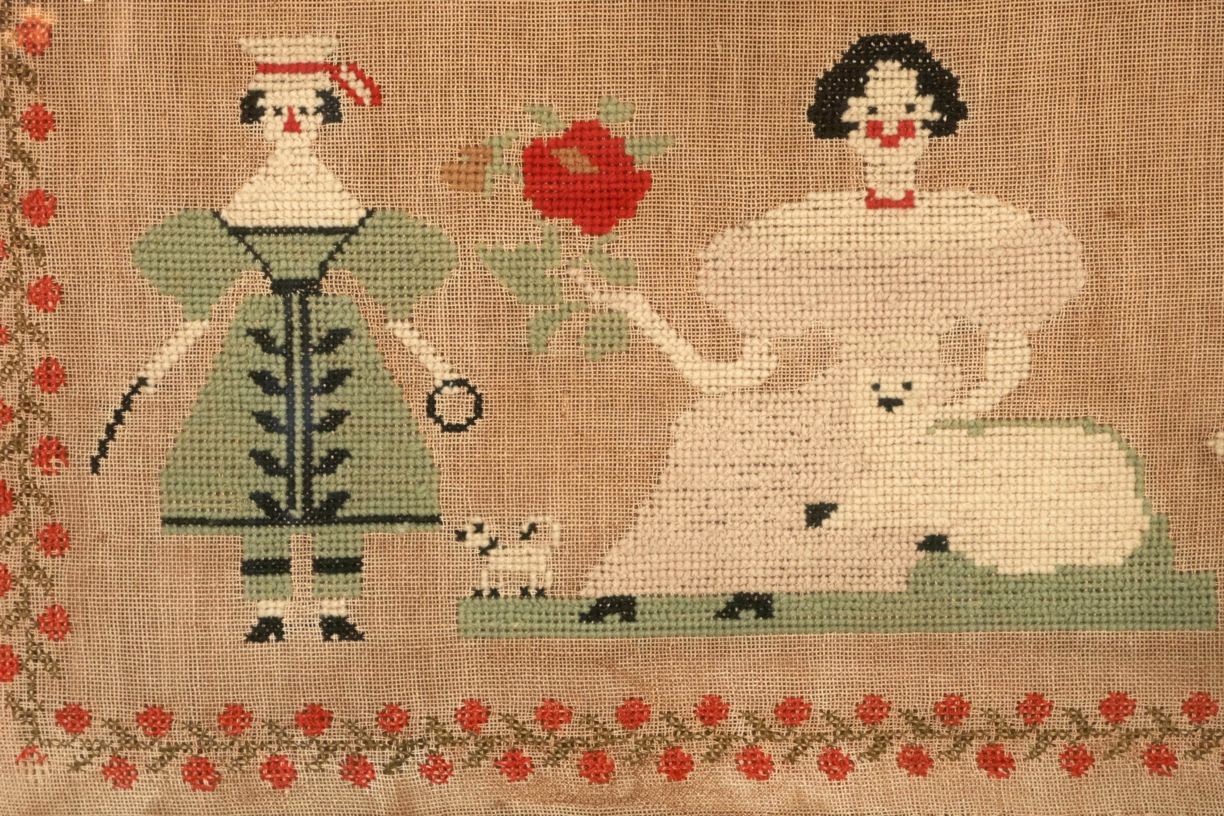 Mid-19th Century Early American School Girl Sampler by Alice Roberts, 1841-Family and Dogs