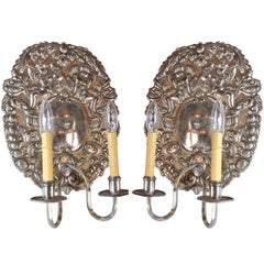 Antique Early American Silver Sconce Pair with Cherubs
