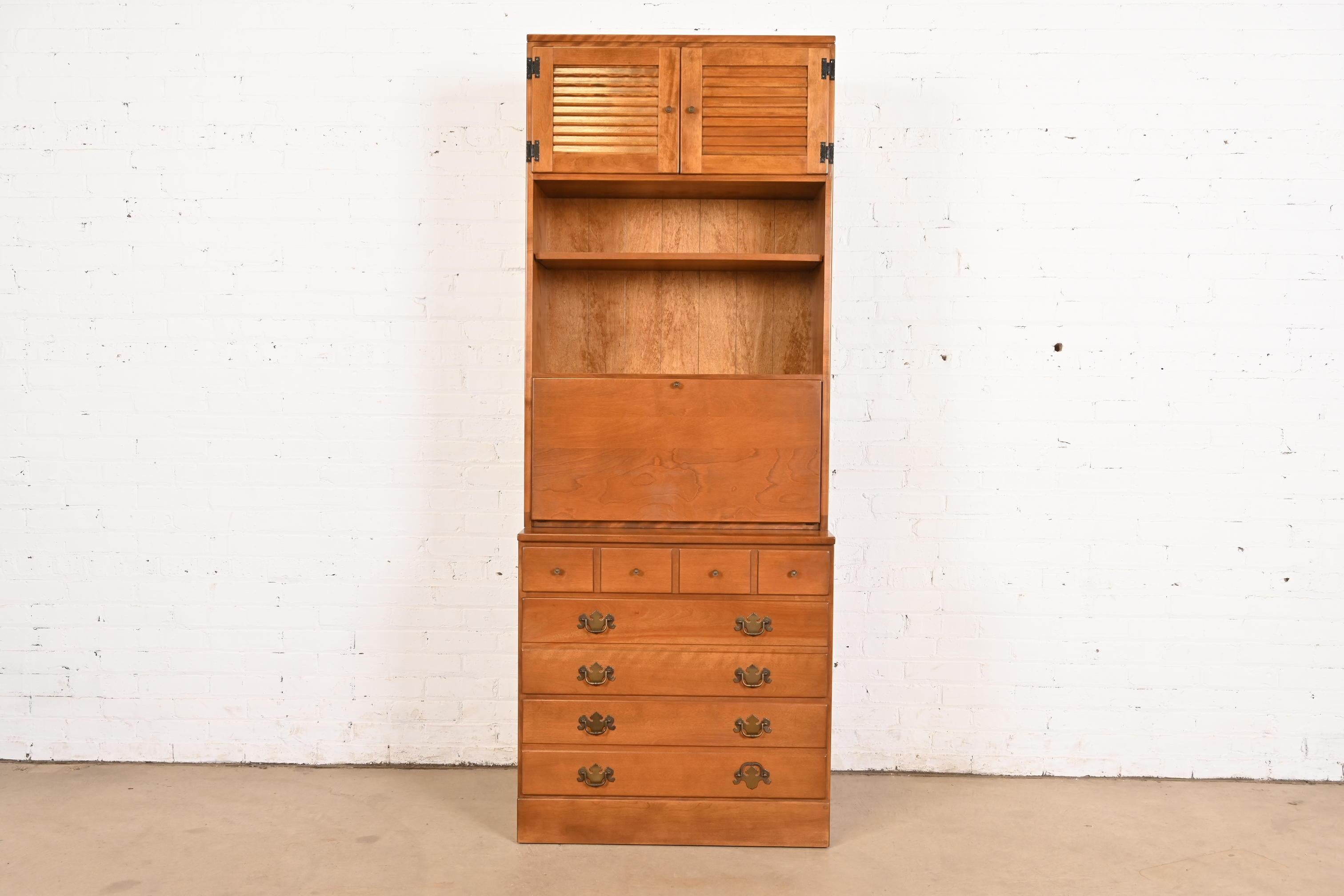 American Colonial Early American Solid Maple and Birch Drop Front Secretary With Bookcase Hutch For Sale