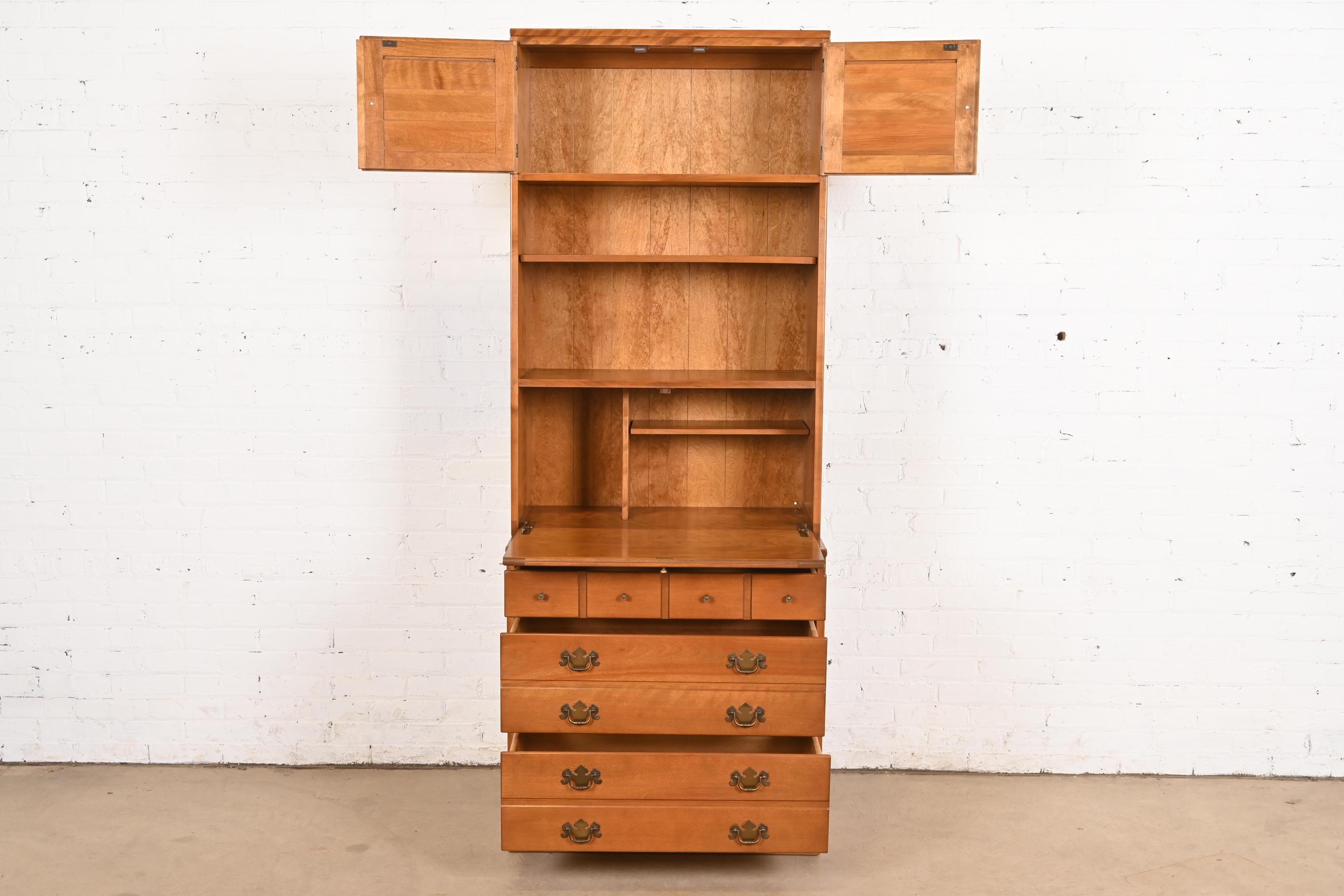 Brass Early American Solid Maple and Birch Drop Front Secretary With Bookcase Hutch For Sale