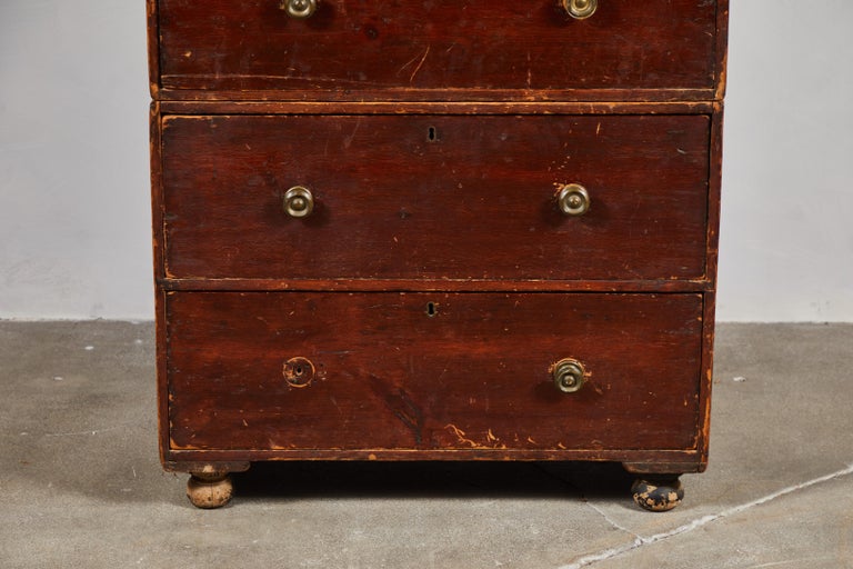 Early American Stained Tall Two Piece Campaign Dresser For Sale At