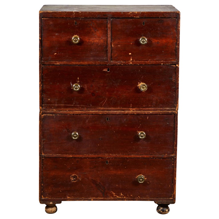 Early American Stained Tall Two Piece Campaign Dresser For Sale At