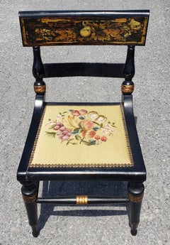 Early American Stencil Decorated Parcel Gilt Ebonized Needlepoint Side Chair