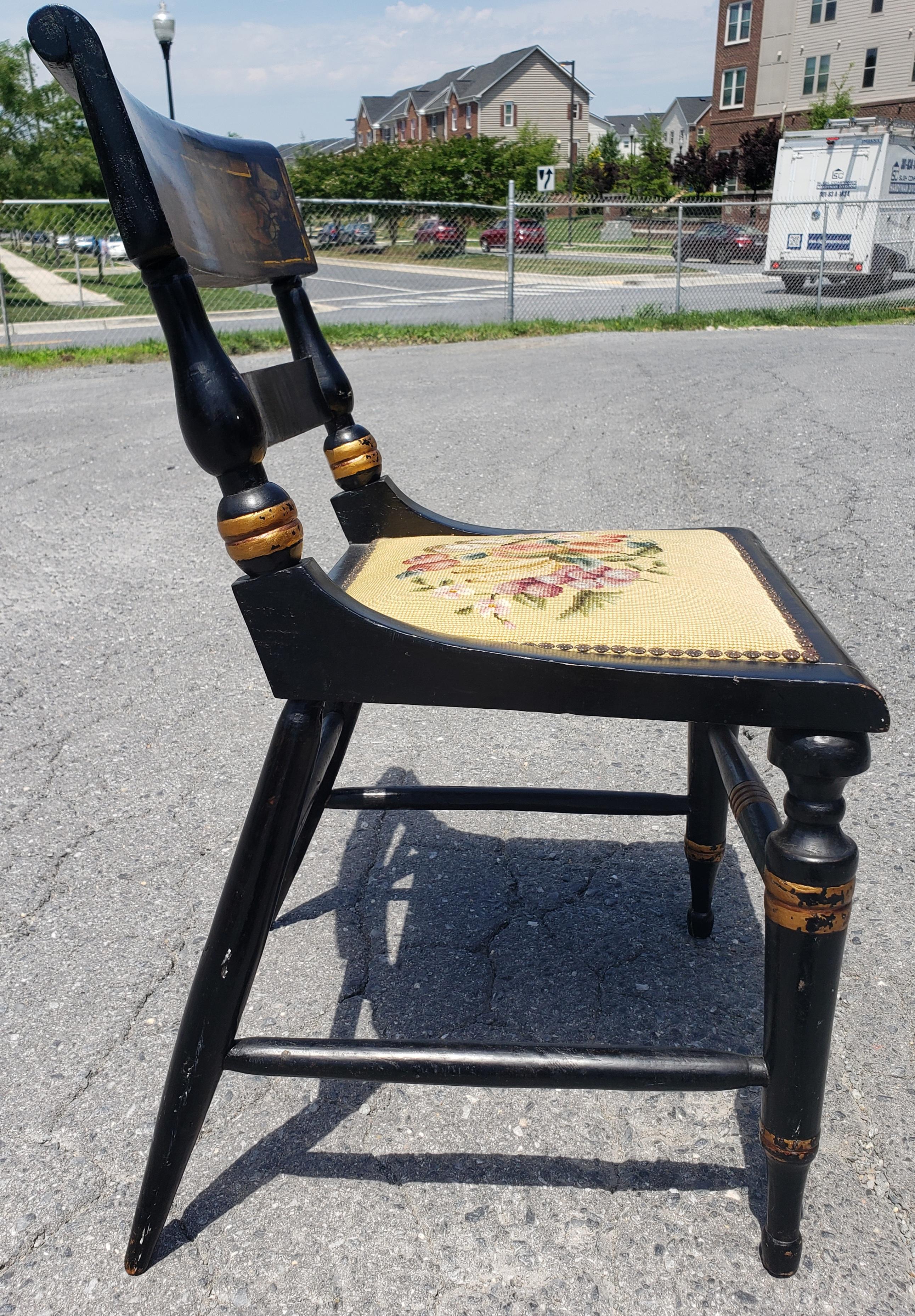 American Colonial Early American Stencil Decorated Parcel Gilt Ebonized Needlepoint Side Chair For Sale