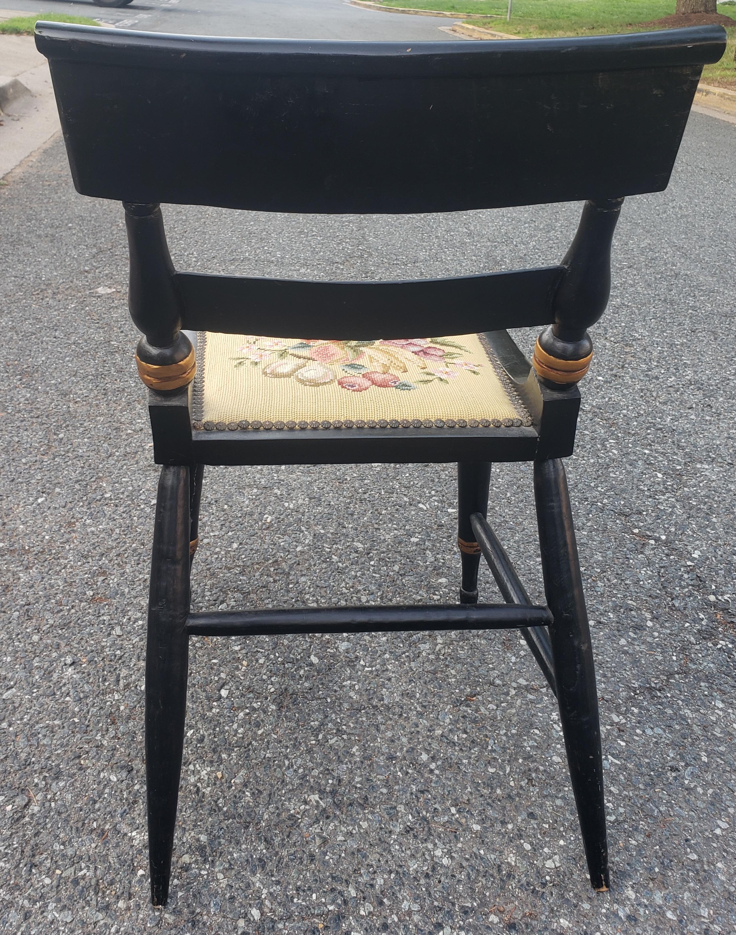 20th Century Early American Stencil Decorated Parcel Gilt Ebonized Needlepoint Side Chair For Sale