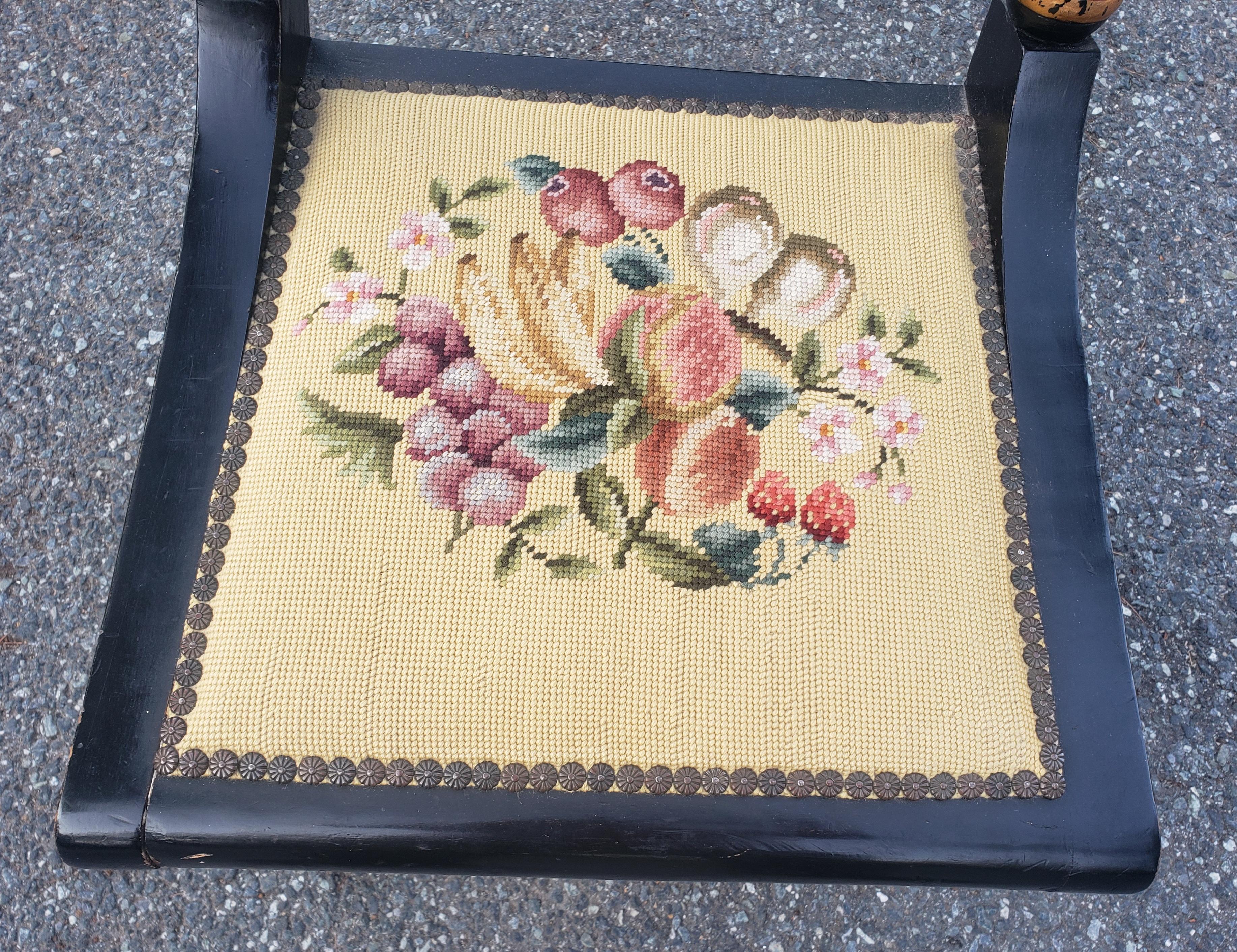 Upholstery Early American Stencil Decorated Parcel Gilt Ebonized Needlepoint Side Chair For Sale