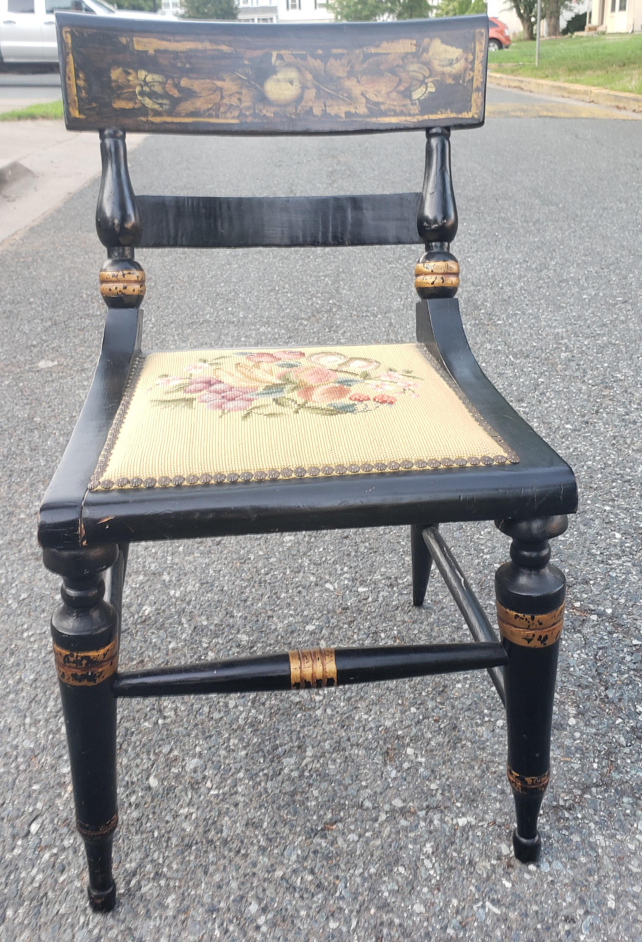 Early American Stencil Decorated Parcel Gilt Ebonized Needlepoint Side Chair For Sale 1