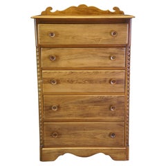 Vintage Early American Style American Country Oak 5 Drawer Chest Tallboy Dresser