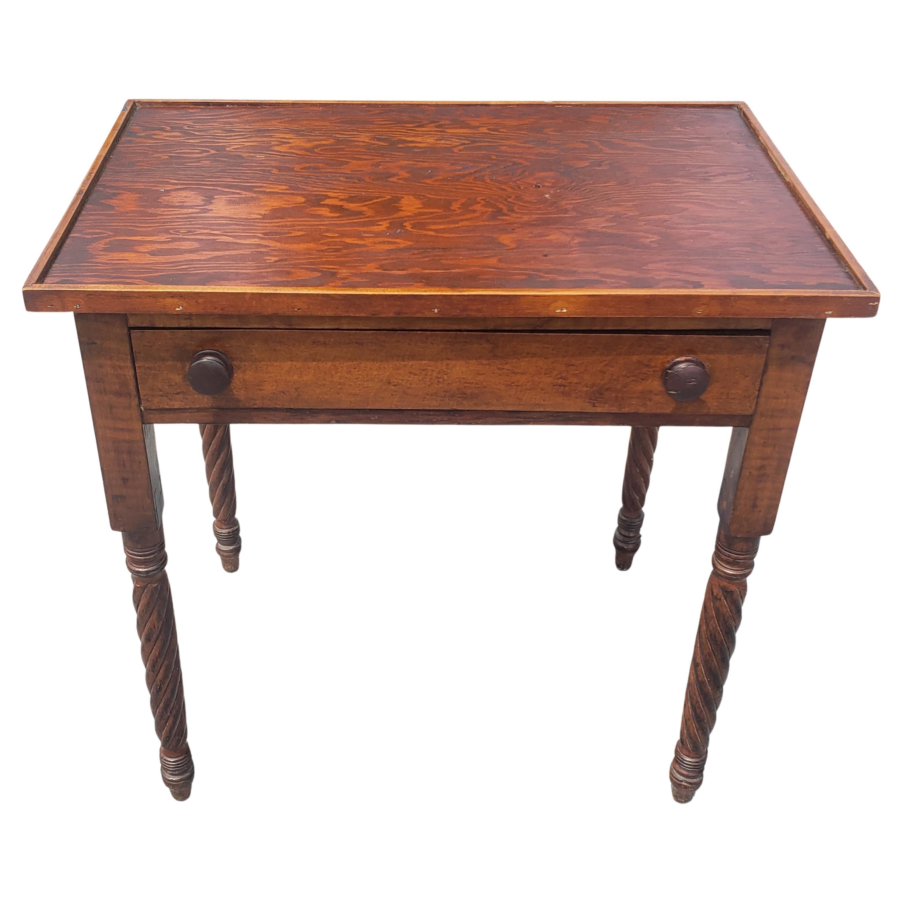 Early American Style Pine and Maple Spiral-Turned Leg Single Drawer Work Table For Sale