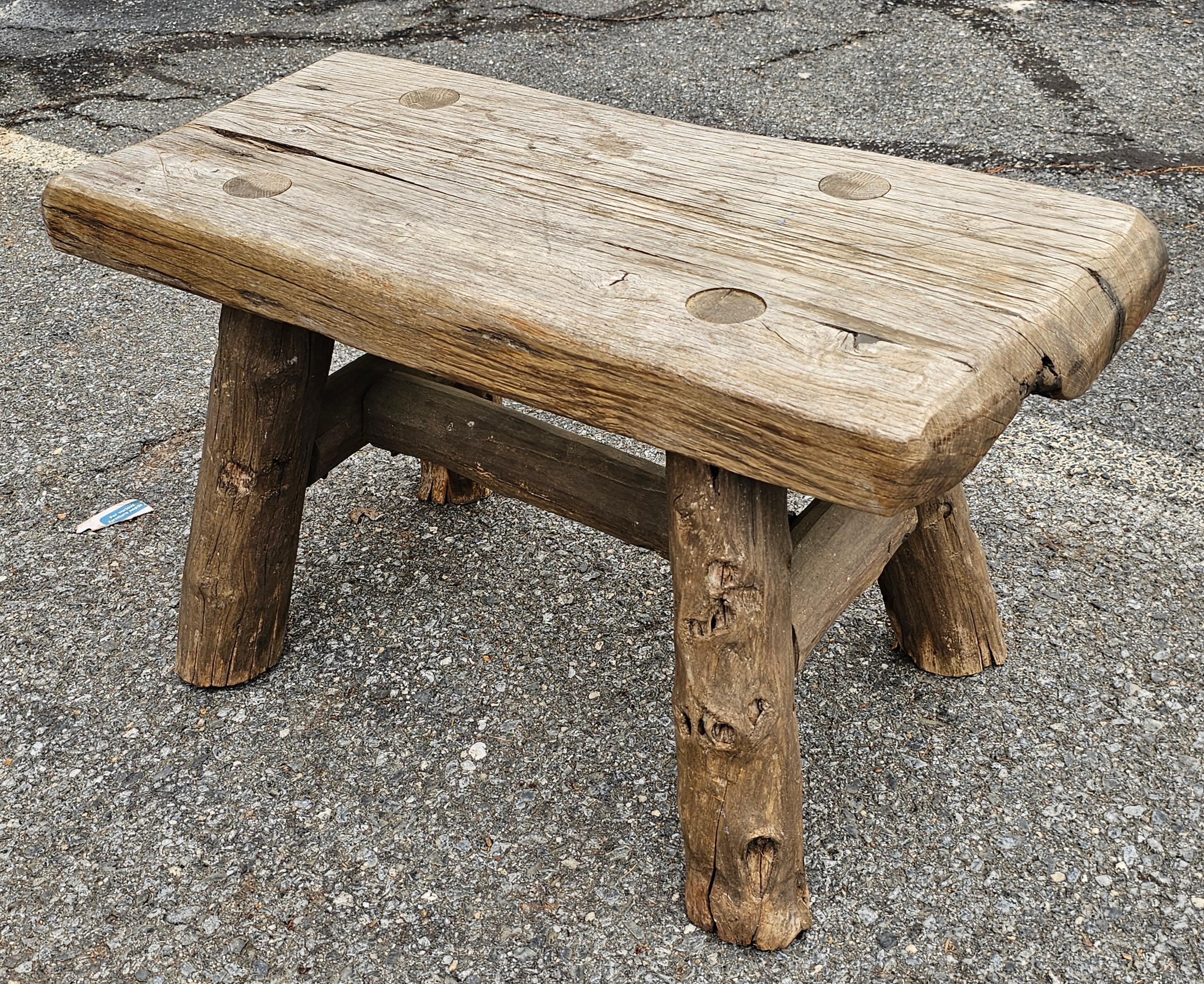 American Colonial Early American Style Rustic Stretcher Pine  Log Bench For Sale