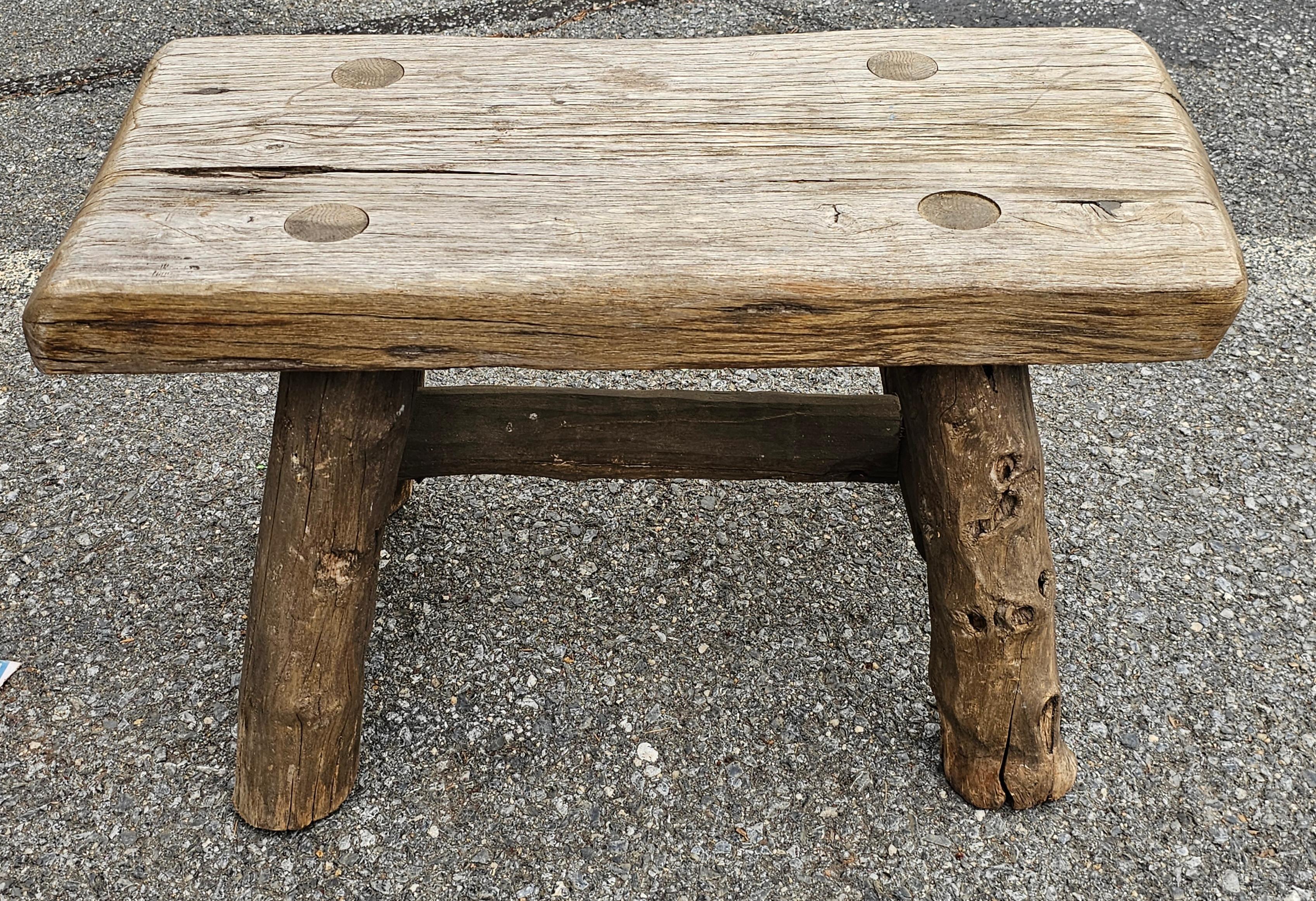 Early American Style Rustic Stretcher Pine  Log Bench For Sale 1
